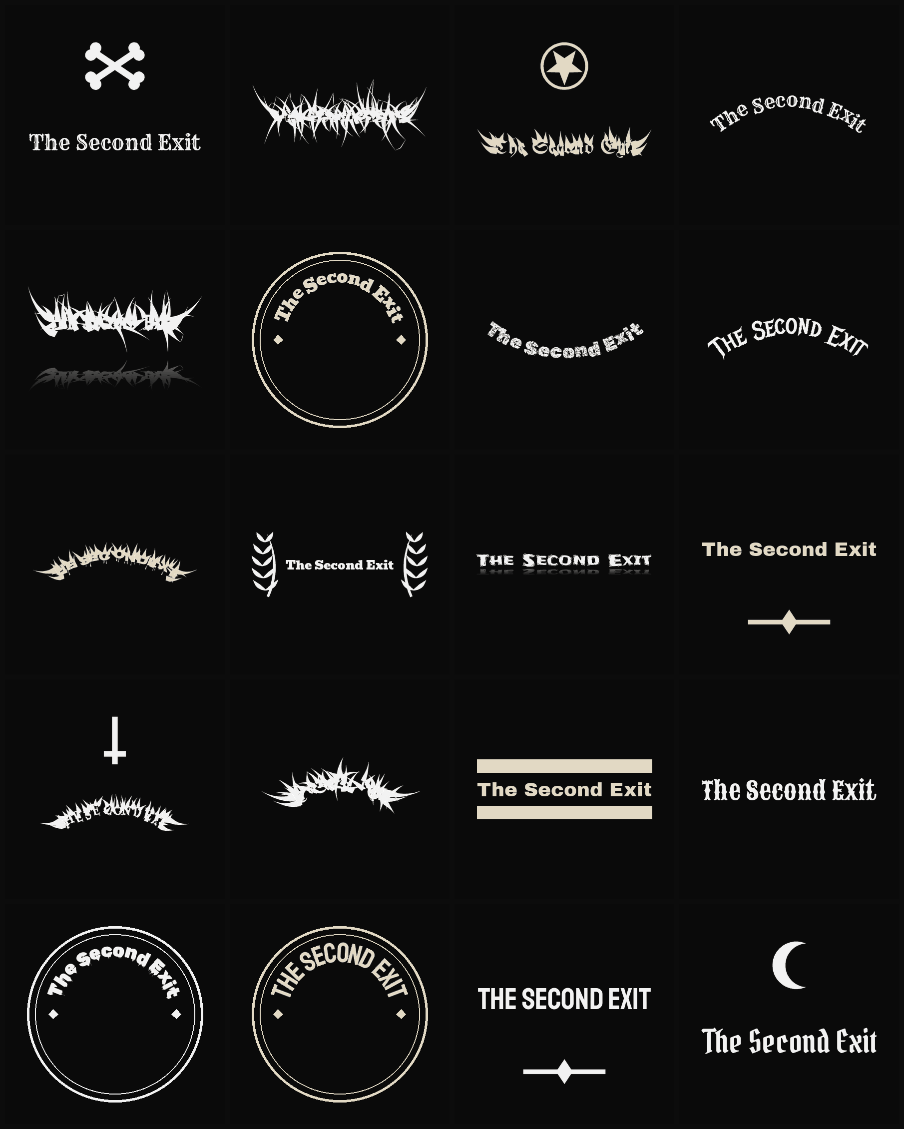 Twenty The Second Exit band logo ideas — different faces, treatments and spike settings