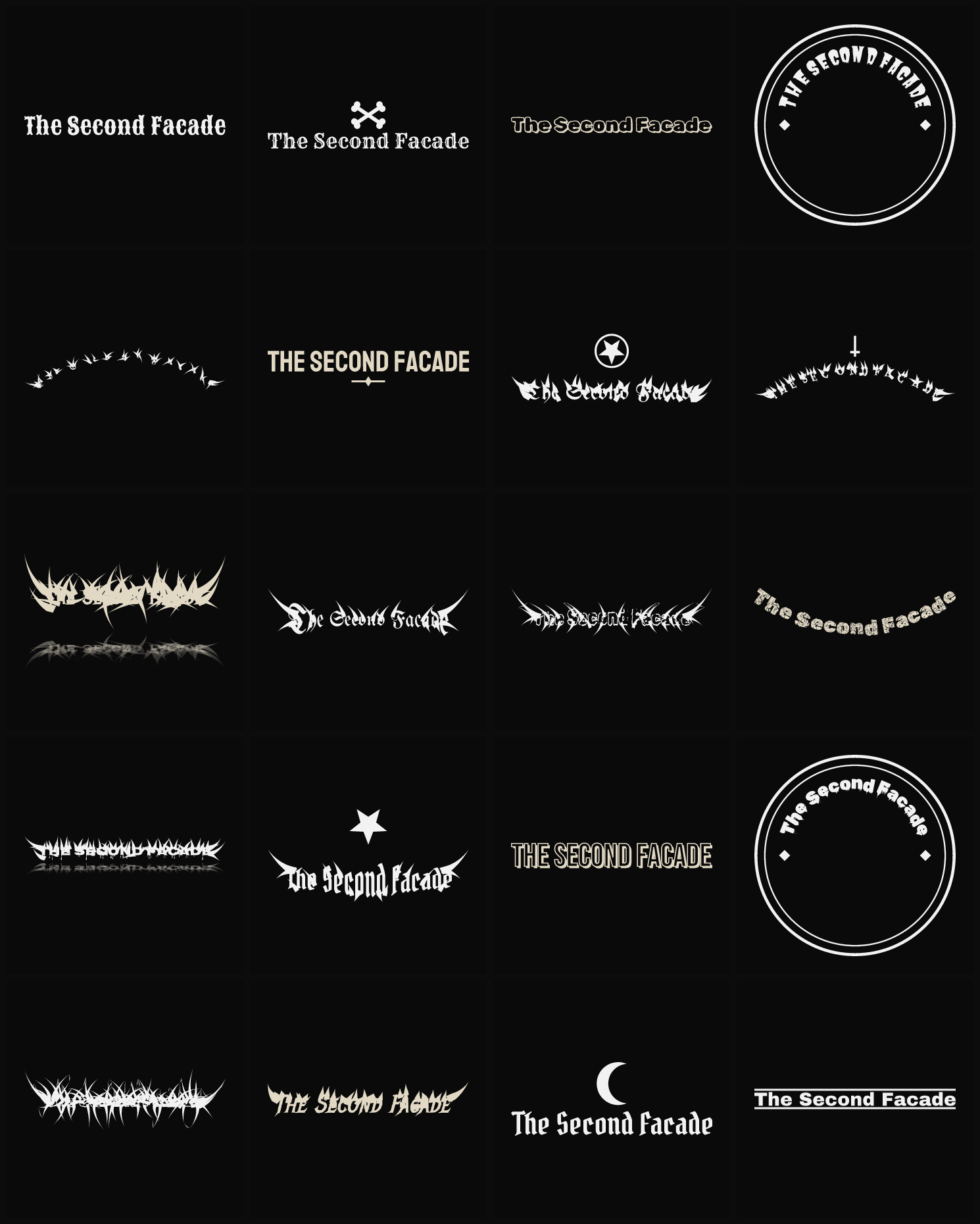 Twenty The Second Facade band logo ideas — different faces, treatments and spike settings