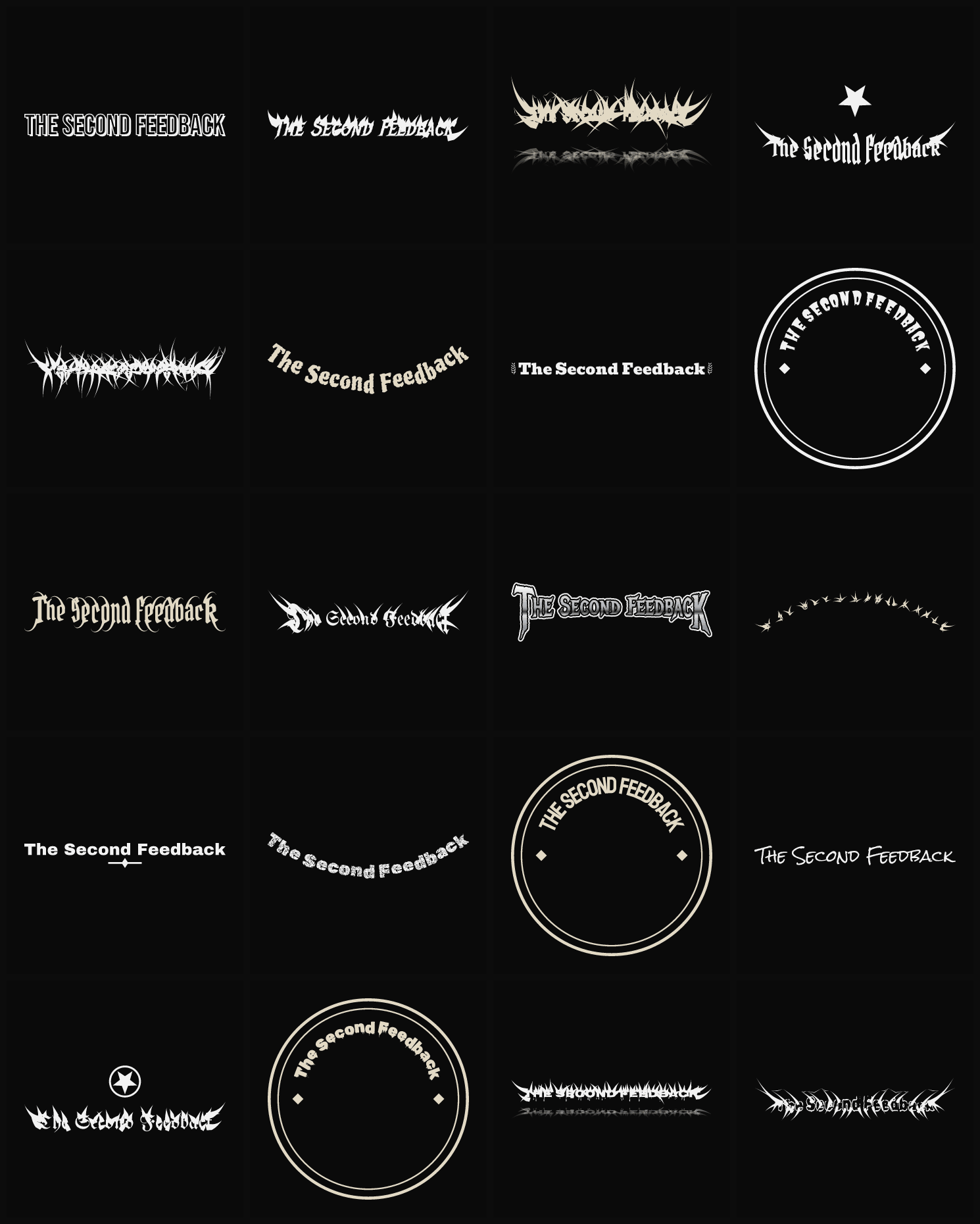 Twenty The Second Feedback band logo ideas — different faces, treatments and spike settings