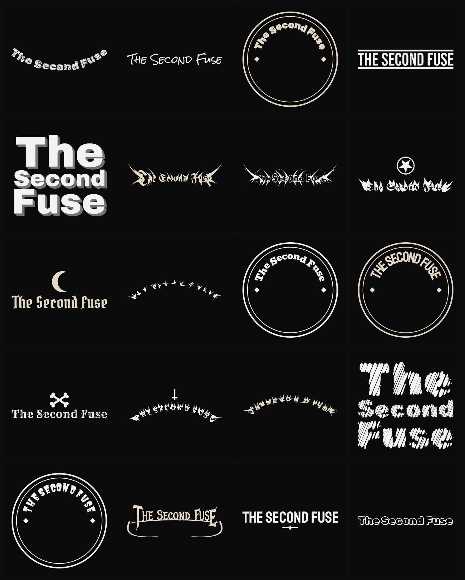 Twenty The Second Fuse band logo ideas — different faces, treatments and spike settings