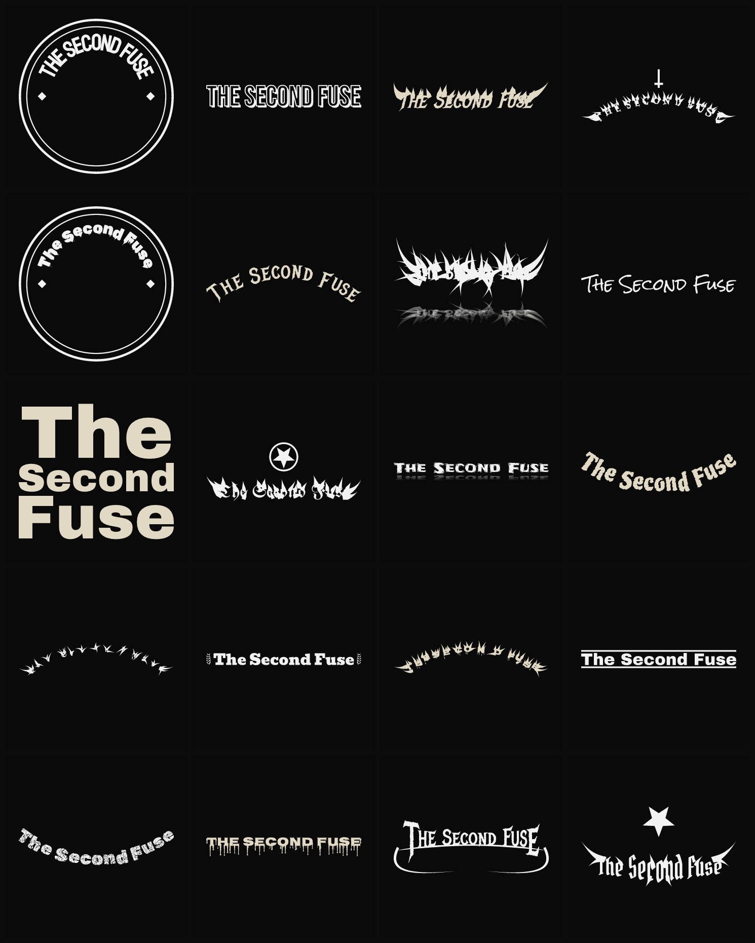 Twenty The Second Fuse band logo ideas — different faces, treatments and spike settings