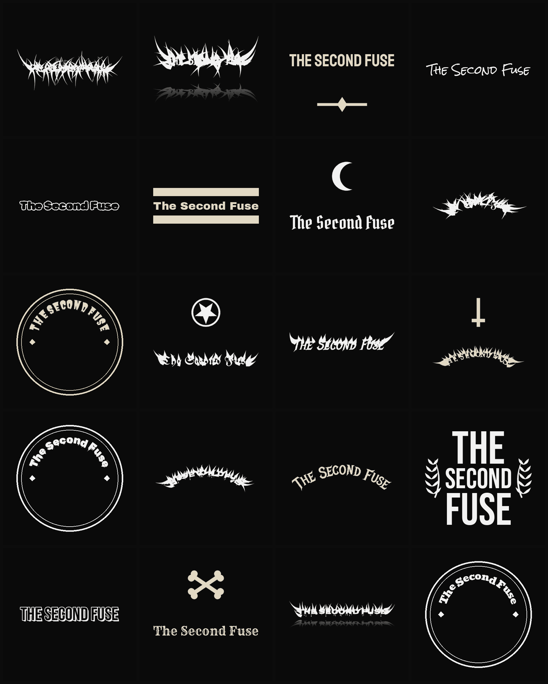 Twenty The Second Fuse band logo ideas — different faces, treatments and spike settings