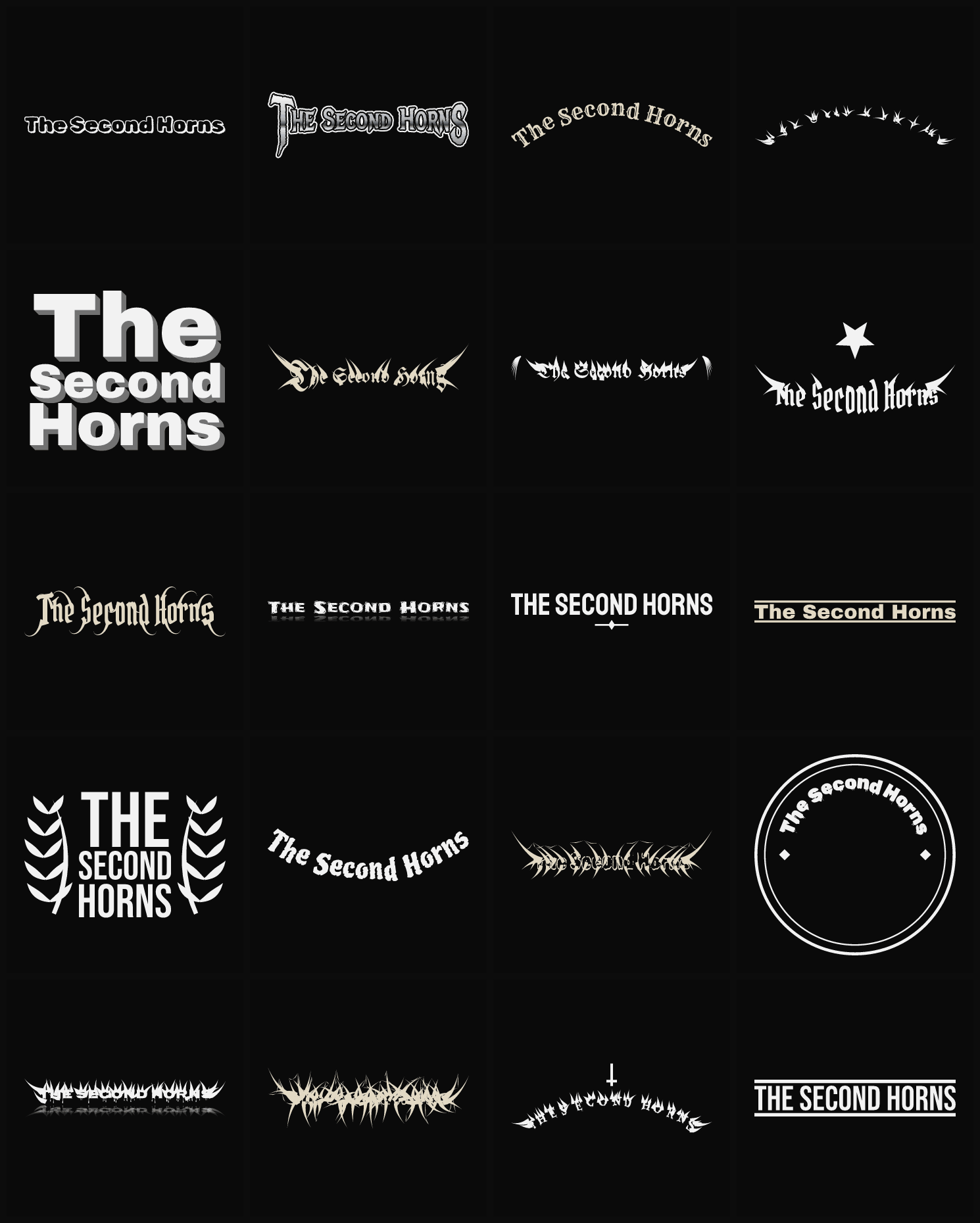 Twenty The Second Horns band logo ideas — different faces, treatments and spike settings