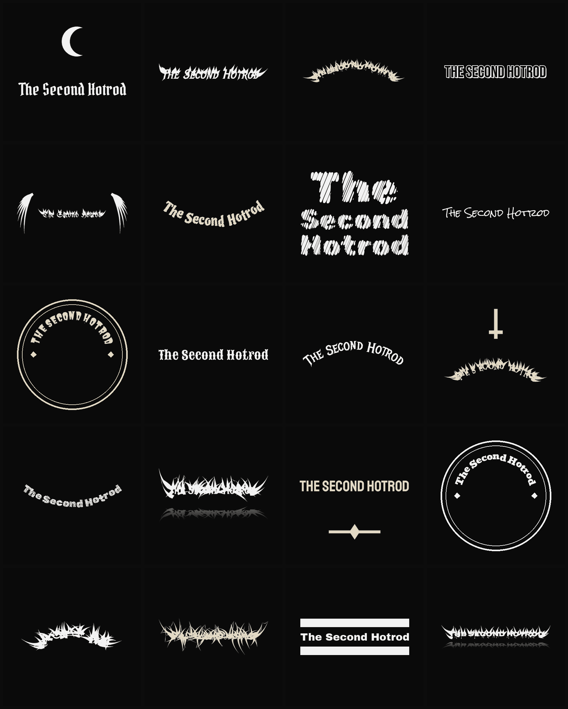 Twenty The Second Hotrod band logo ideas — different faces, treatments and spike settings