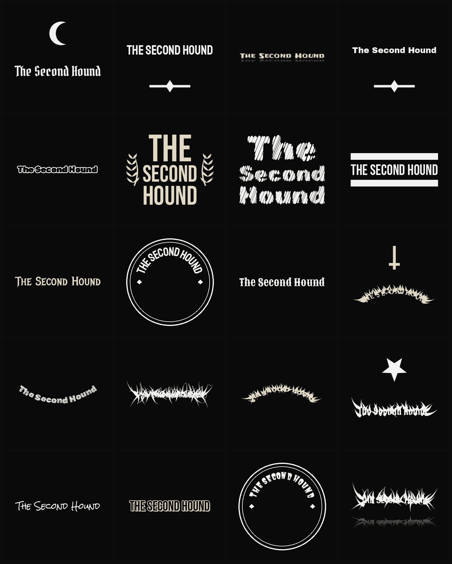 Twenty The Second Hound band logo ideas — different faces, treatments and spike settings