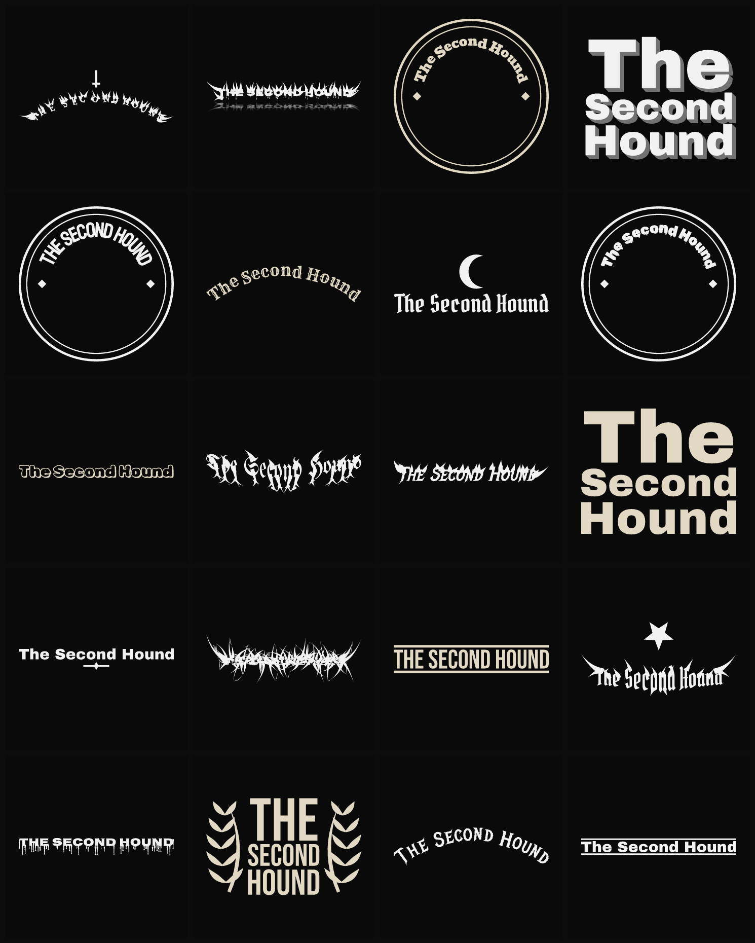 Twenty The Second Hound band logo ideas — different faces, treatments and spike settings