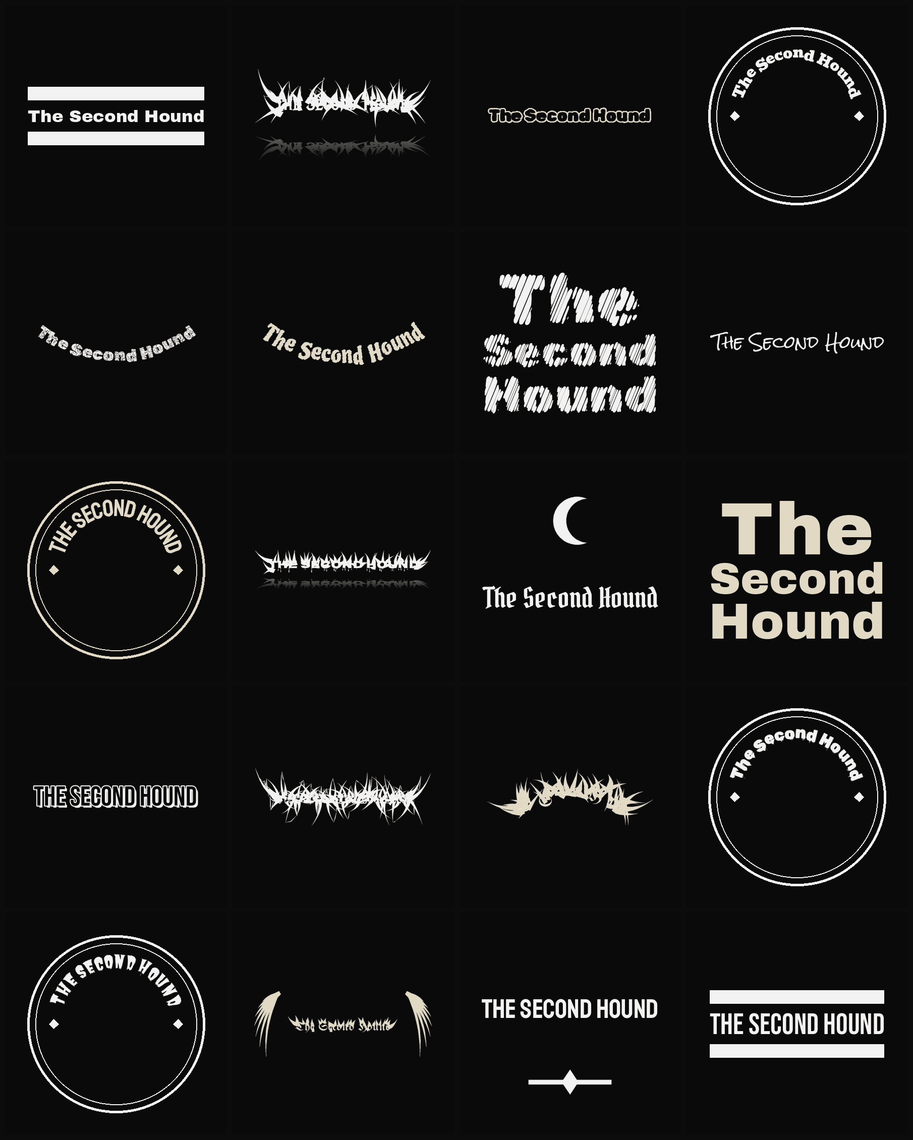 Twenty The Second Hound band logo ideas — different faces, treatments and spike settings