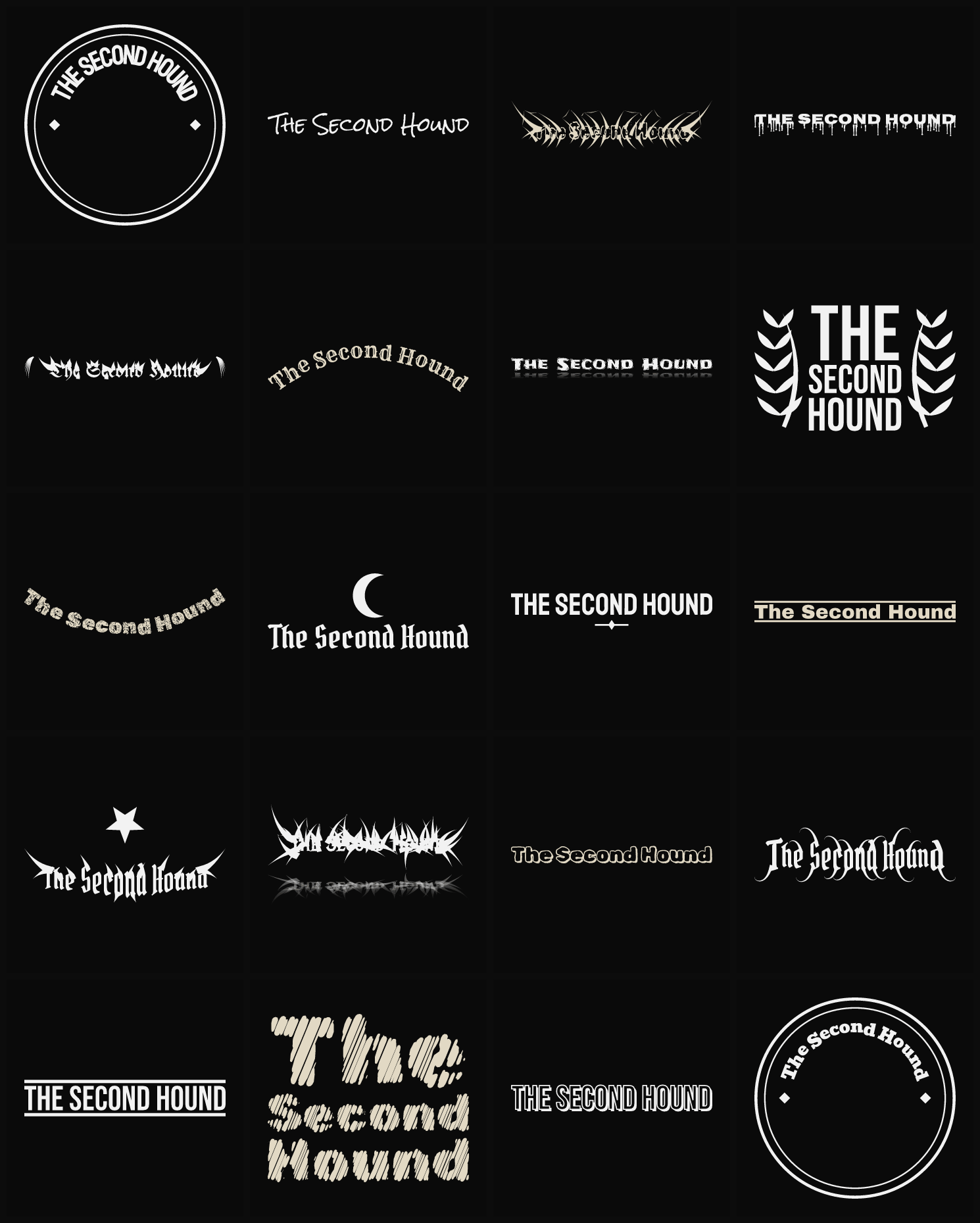 Twenty The Second Hound band logo ideas — different faces, treatments and spike settings