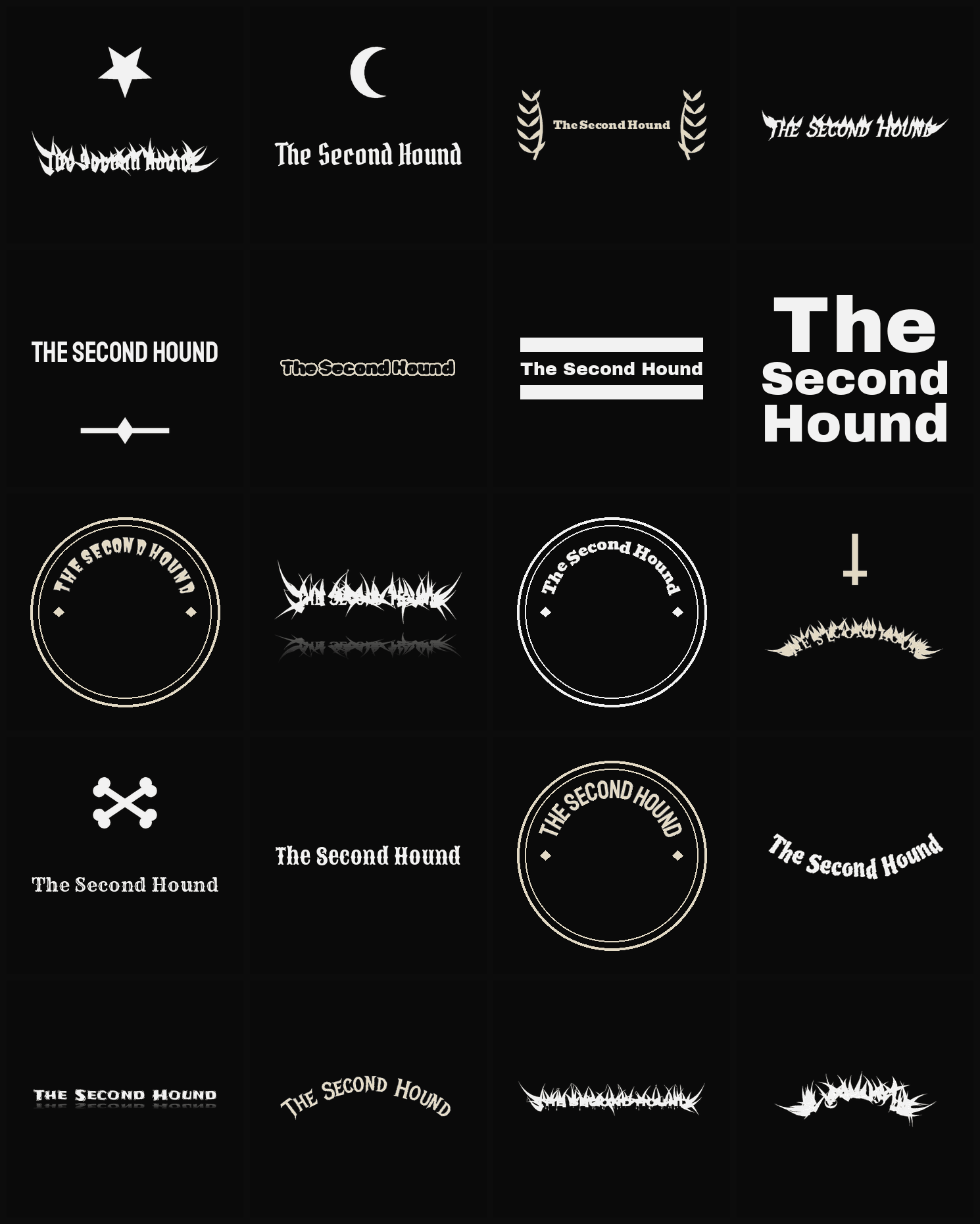 Twenty The Second Hound band logo ideas — different faces, treatments and spike settings