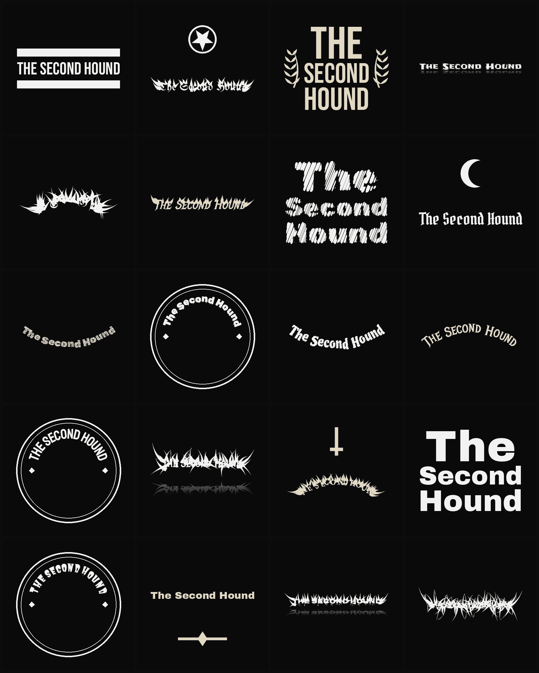Twenty The Second Hound band logo ideas — different faces, treatments and spike settings