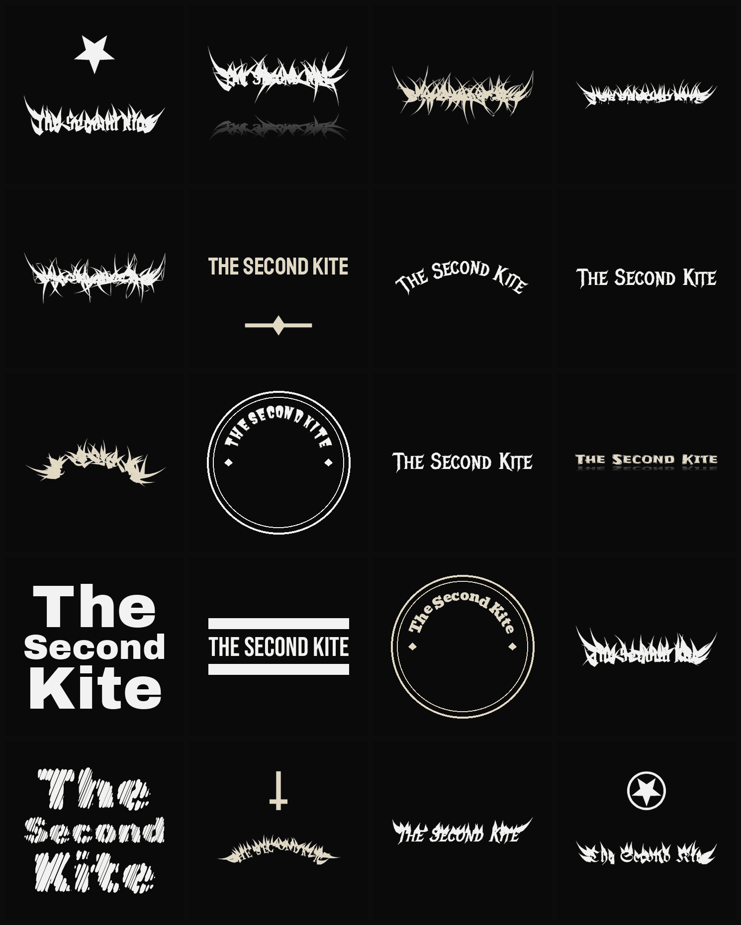 Twenty The Second Kite band logo ideas — different faces, treatments and spike settings