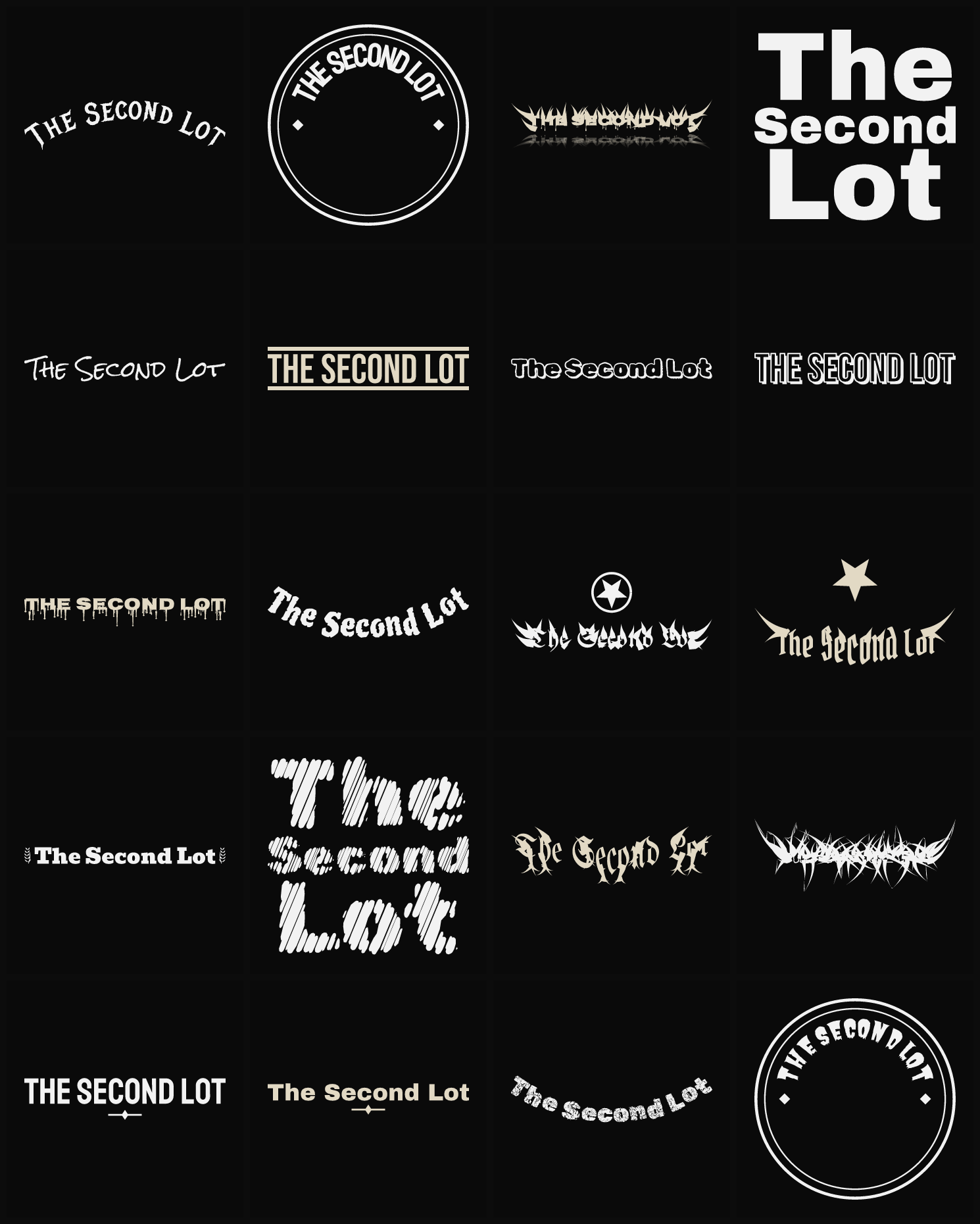 Twenty The Second Lot band logo ideas — different faces, treatments and spike settings