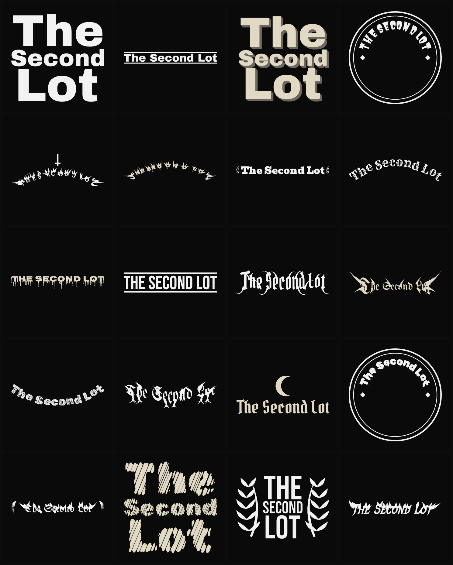 Twenty The Second Lot band logo ideas — different faces, treatments and spike settings