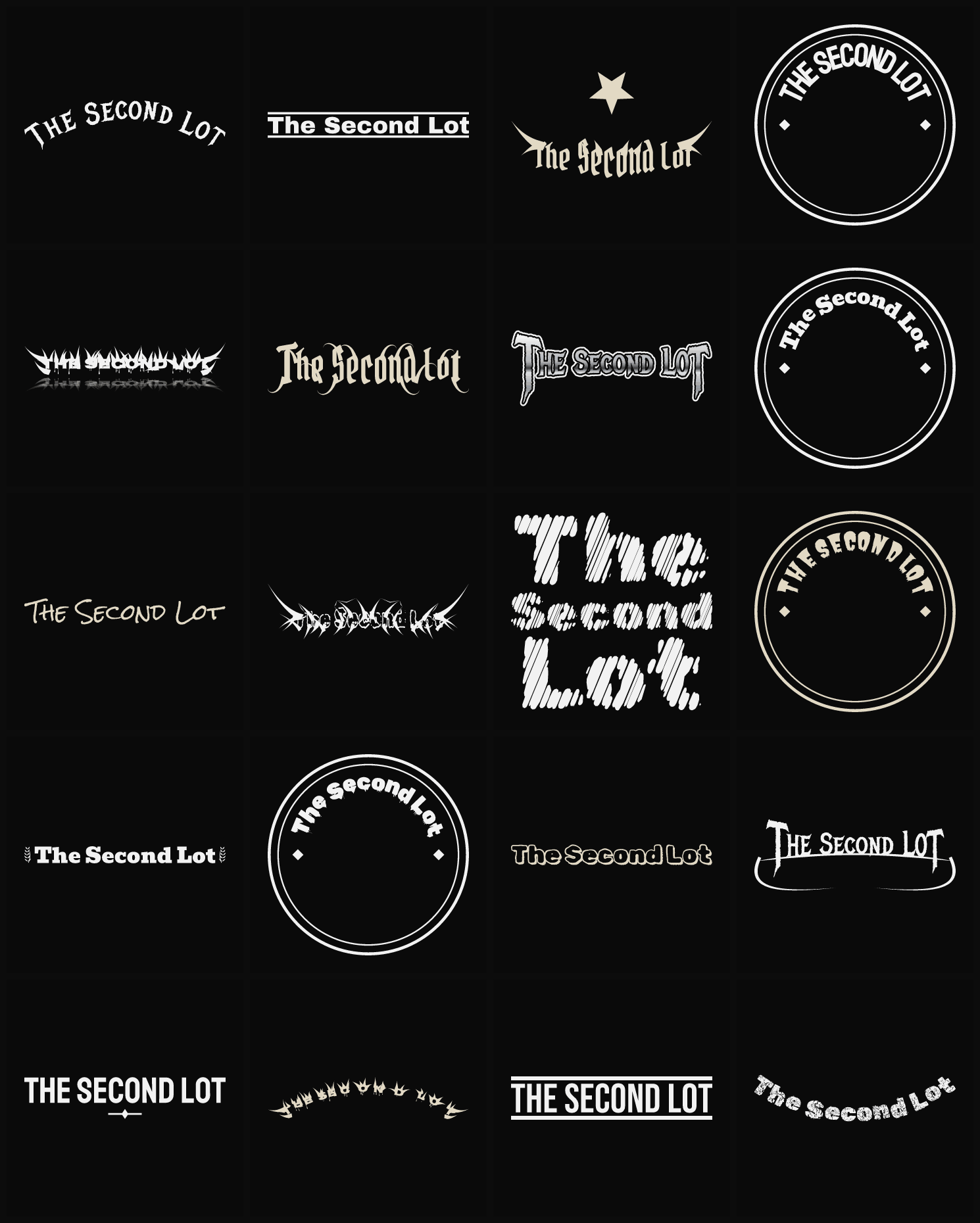 Twenty The Second Lot band logo ideas — different faces, treatments and spike settings