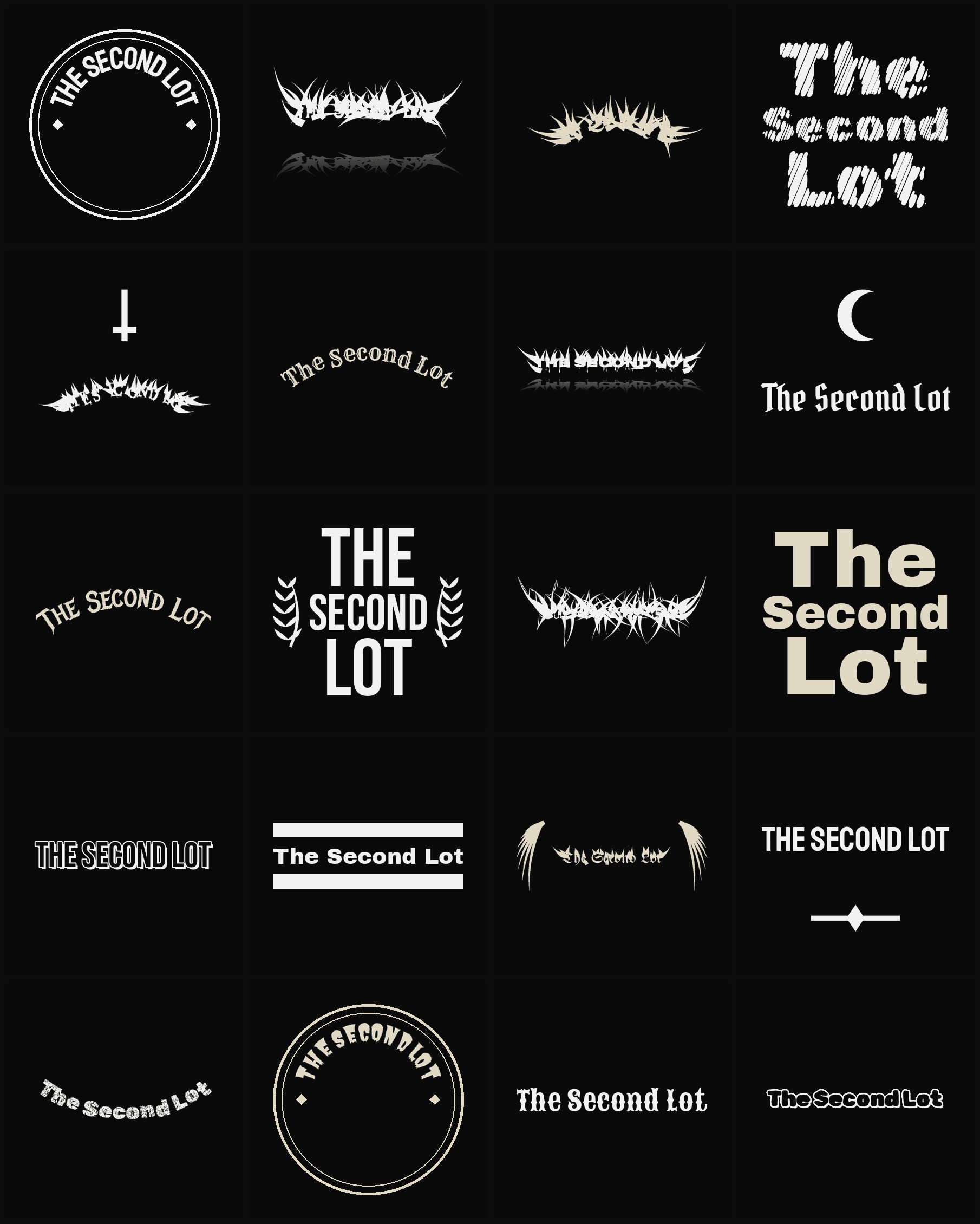 Twenty The Second Lot band logo ideas — different faces, treatments and spike settings