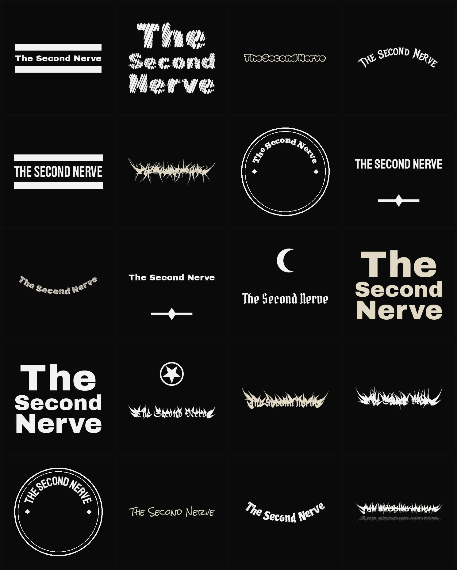 Twenty The Second Nerve band logo ideas — different faces, treatments and spike settings