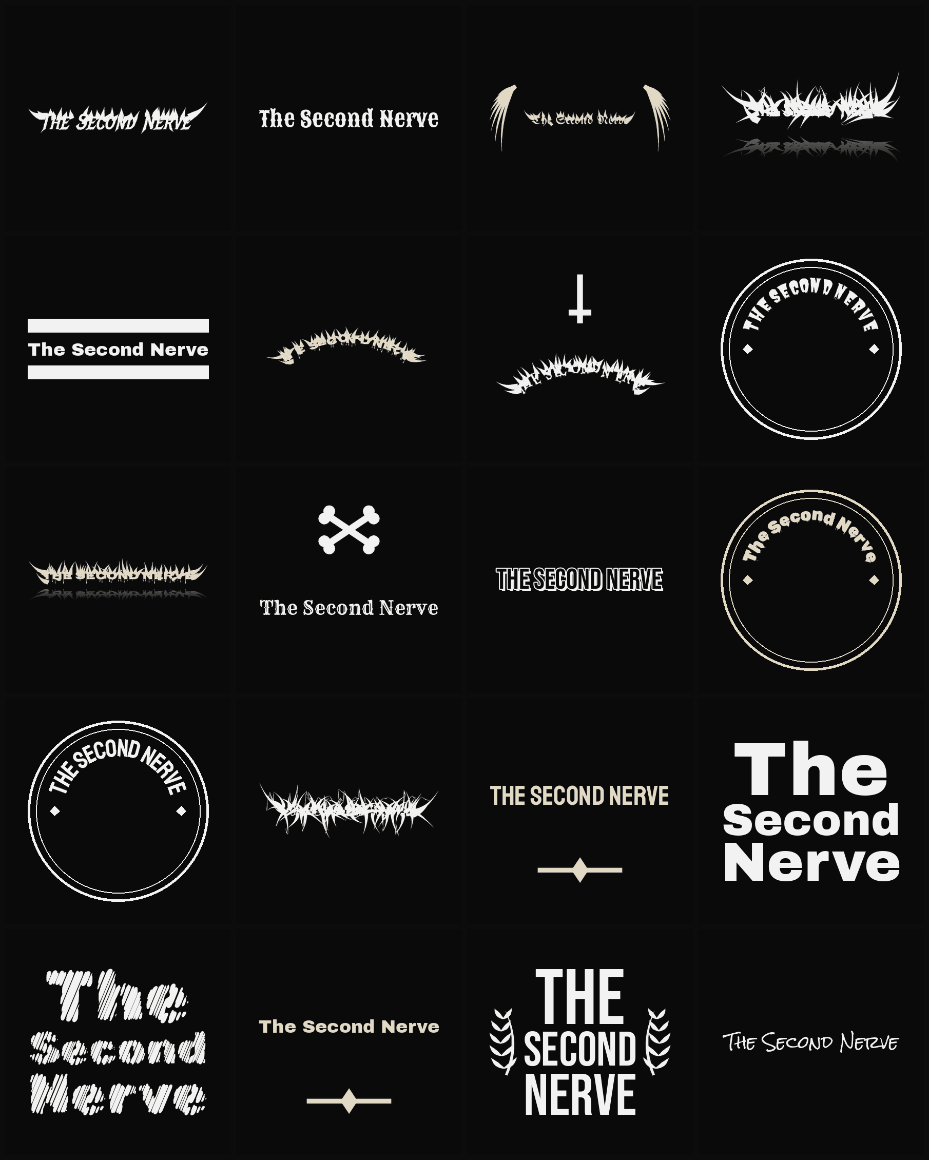 Twenty The Second Nerve band logo ideas — different faces, treatments and spike settings