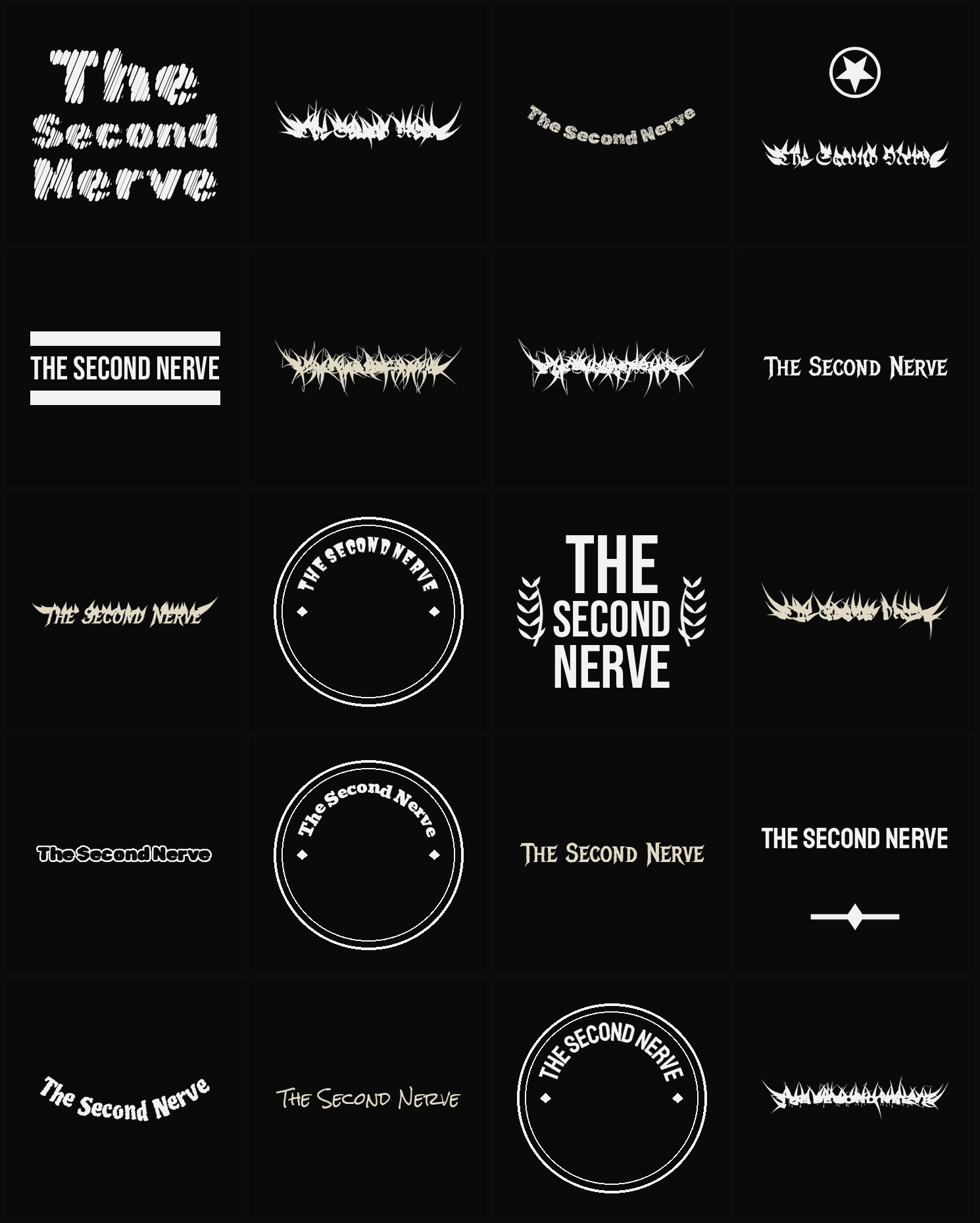 Twenty The Second Nerve band logo ideas — different faces, treatments and spike settings