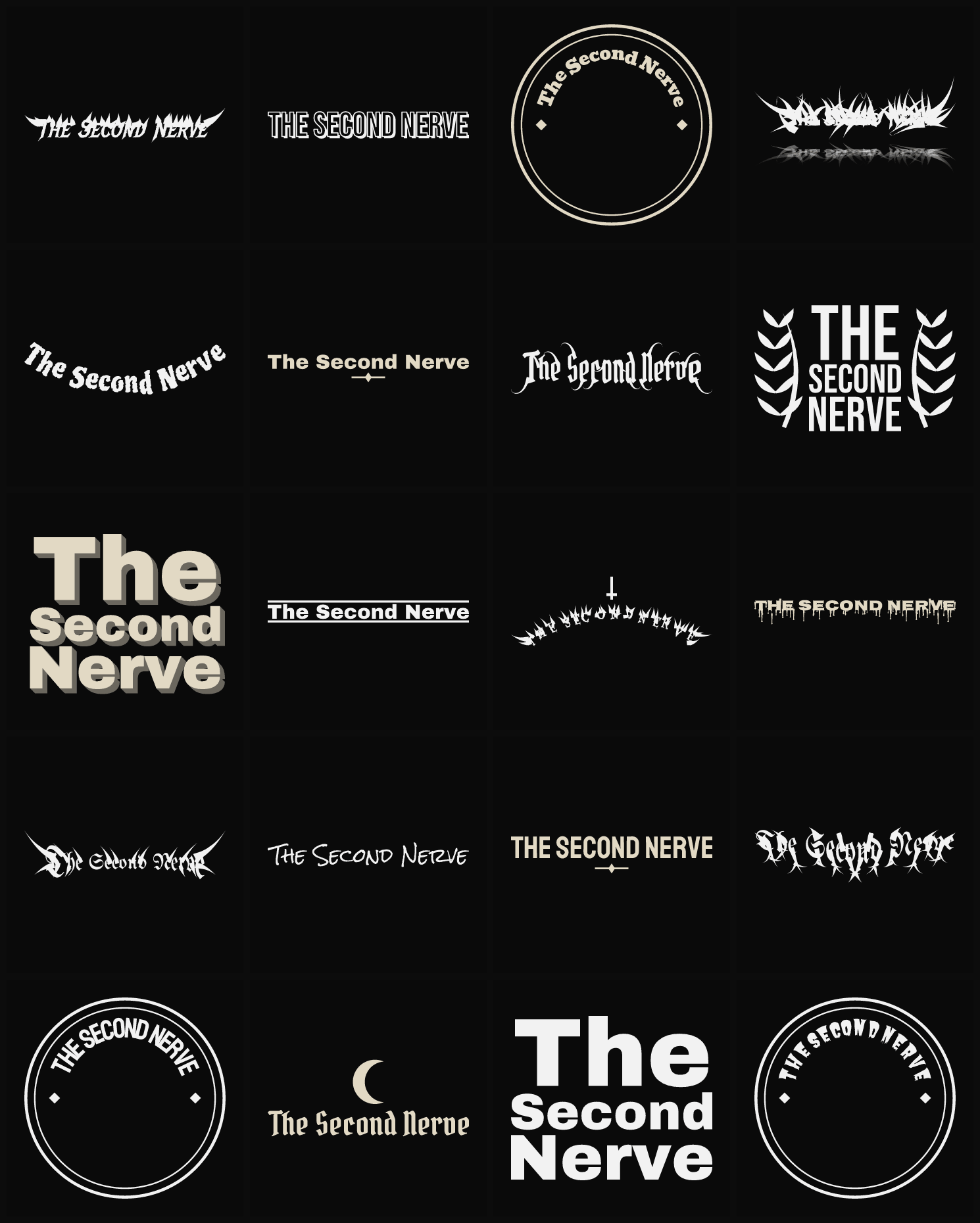 Twenty The Second Nerve band logo ideas — different faces, treatments and spike settings