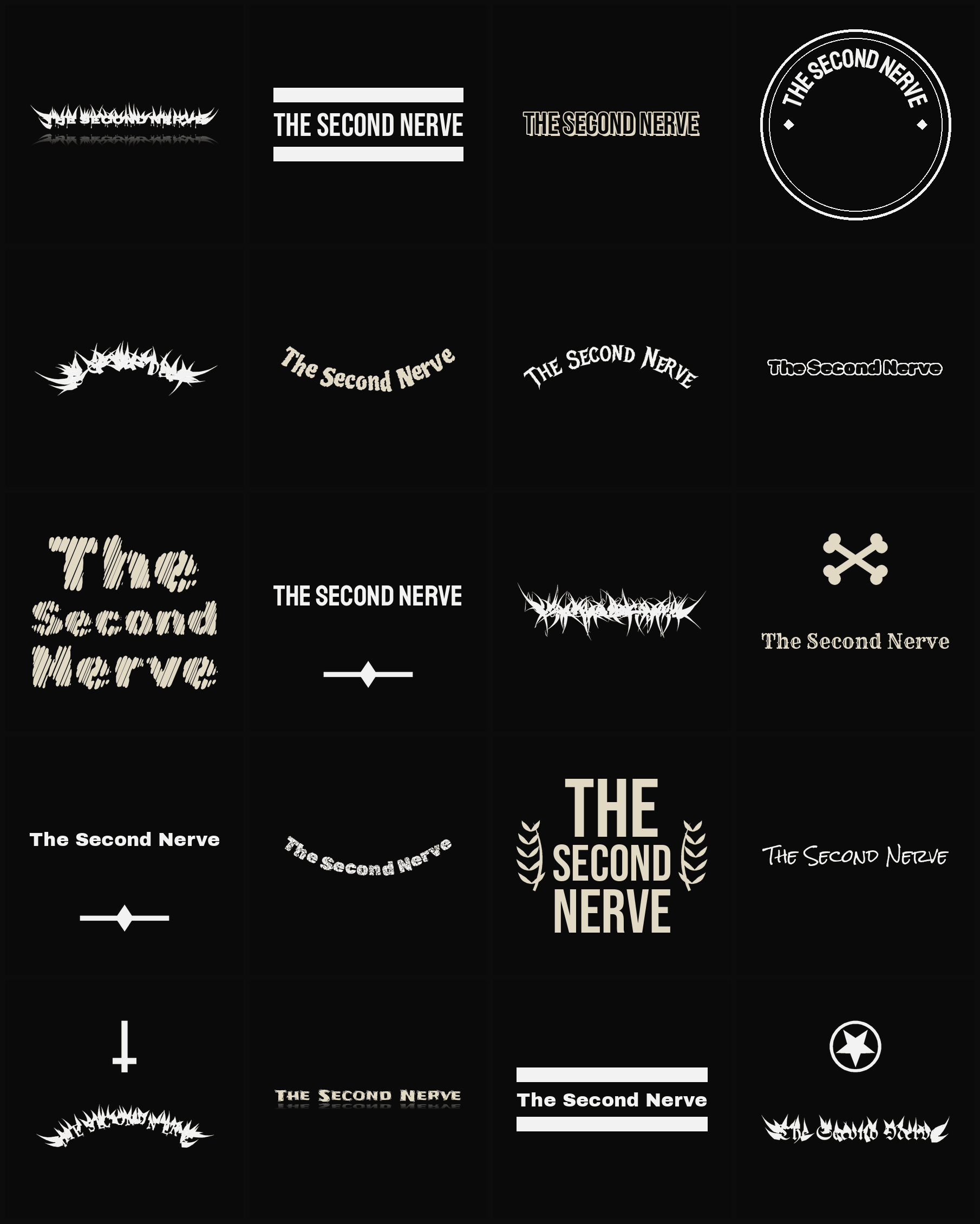 Twenty The Second Nerve band logo ideas — different faces, treatments and spike settings