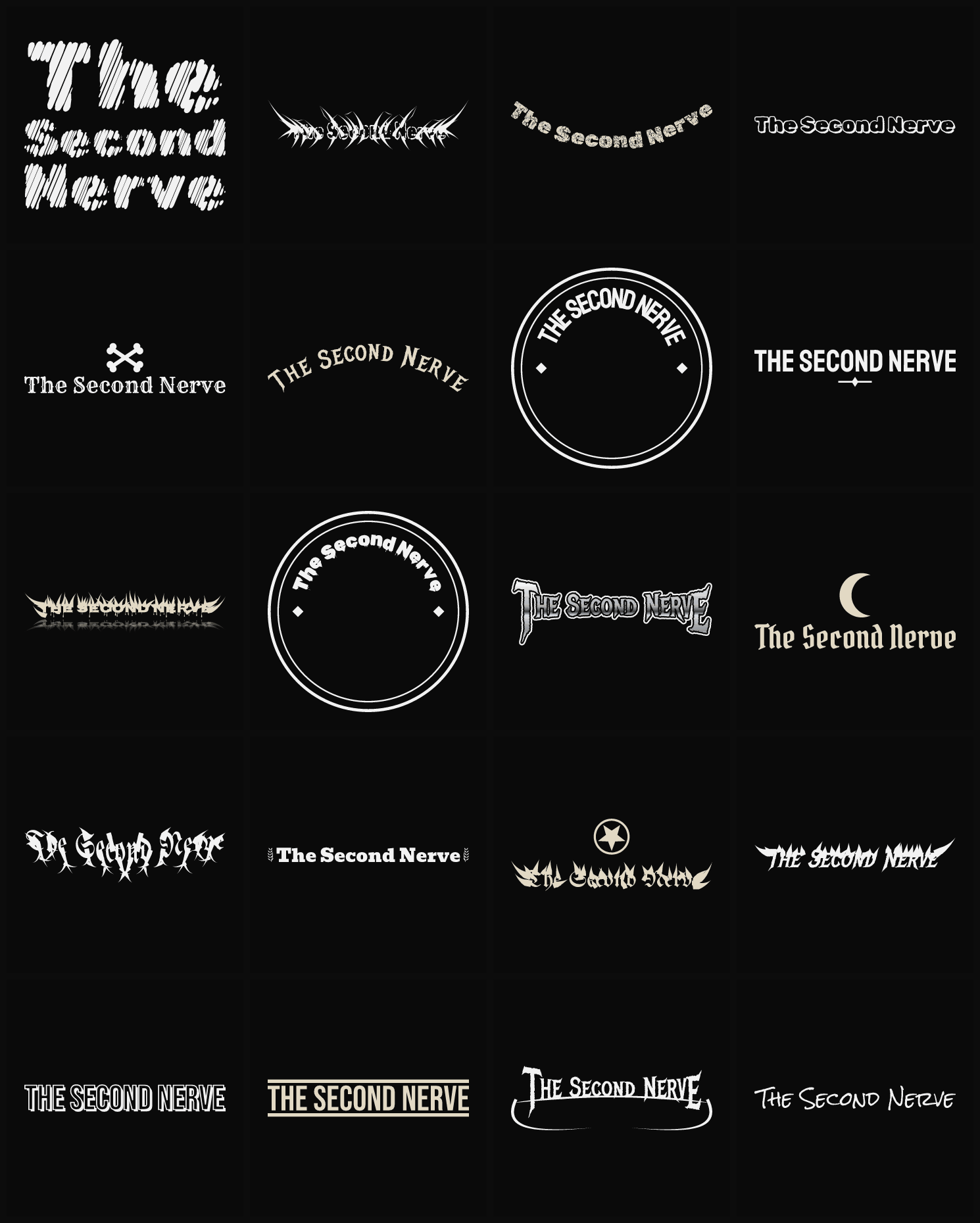 Twenty The Second Nerve band logo ideas — different faces, treatments and spike settings