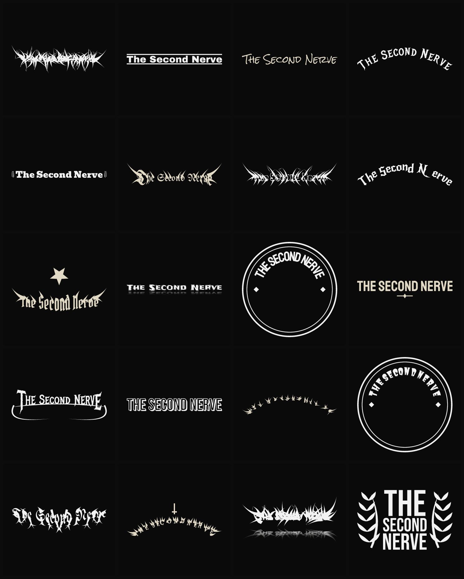 Twenty The Second Nerve band logo ideas — different faces, treatments and spike settings
