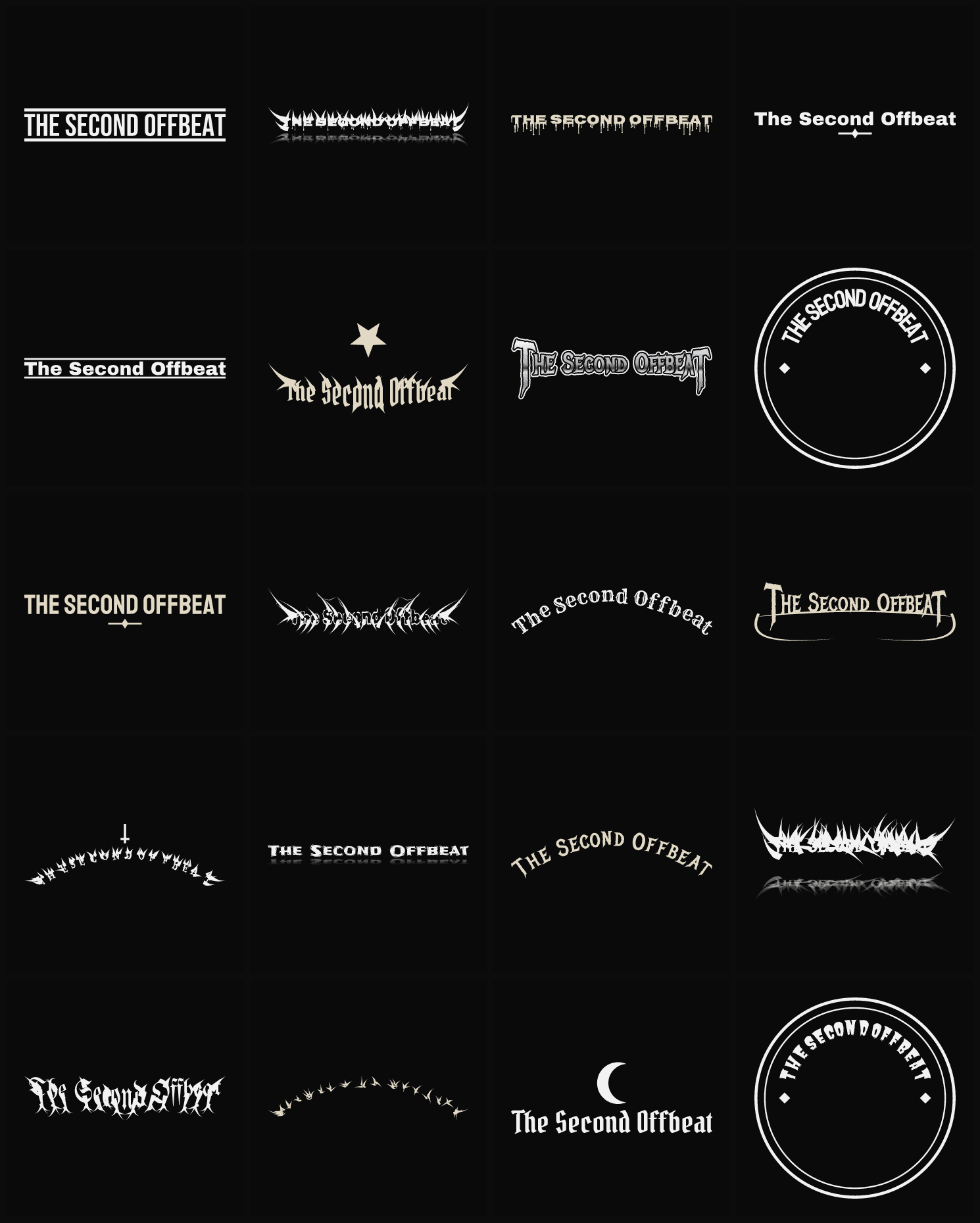 Twenty The Second Offbeat band logo ideas — different faces, treatments and spike settings