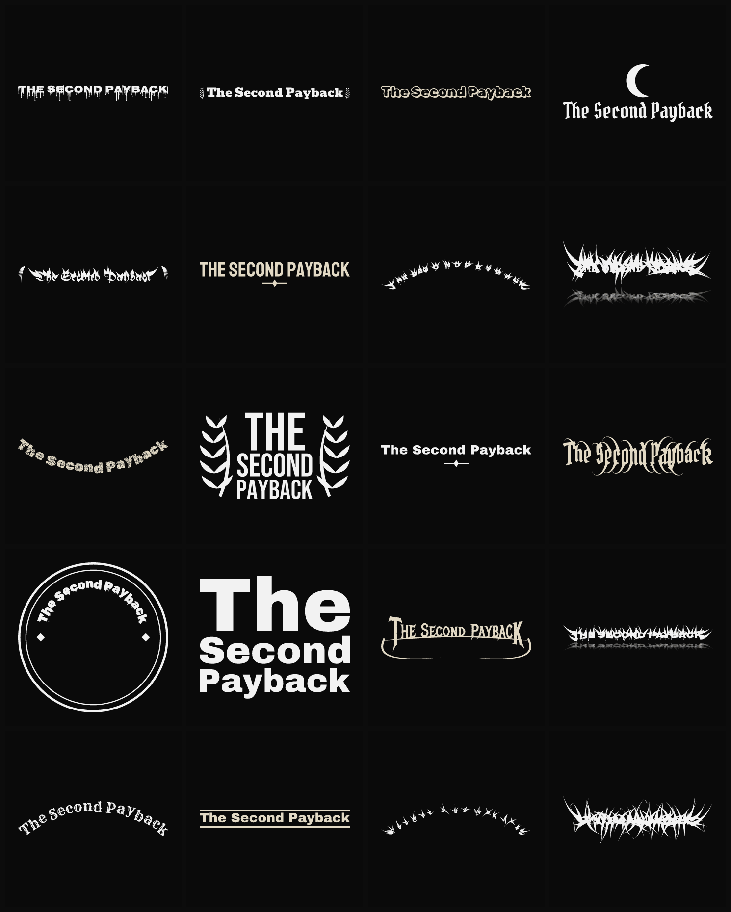 Twenty The Second Payback band logo ideas — different faces, treatments and spike settings