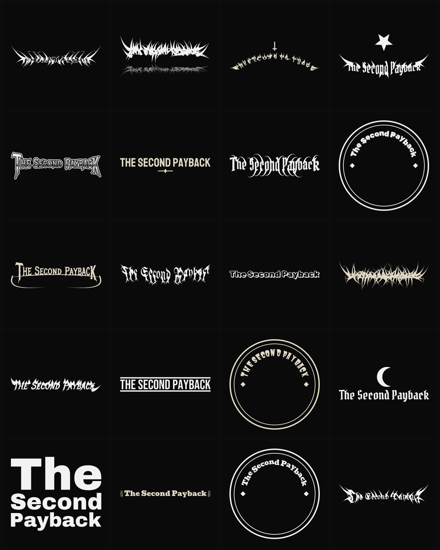 Twenty The Second Payback band logo ideas — different faces, treatments and spike settings