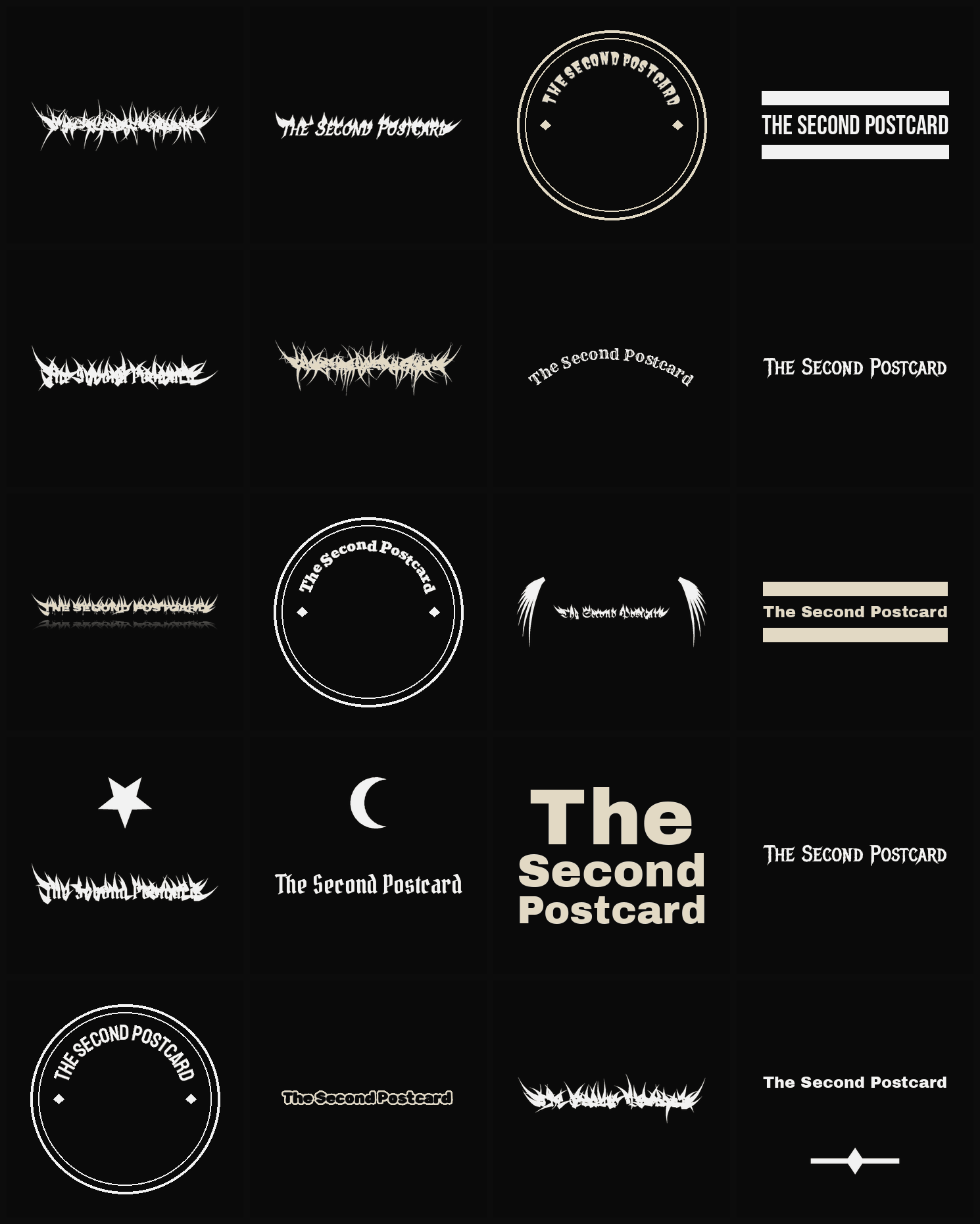 Twenty The Second Postcard band logo ideas — different faces, treatments and spike settings