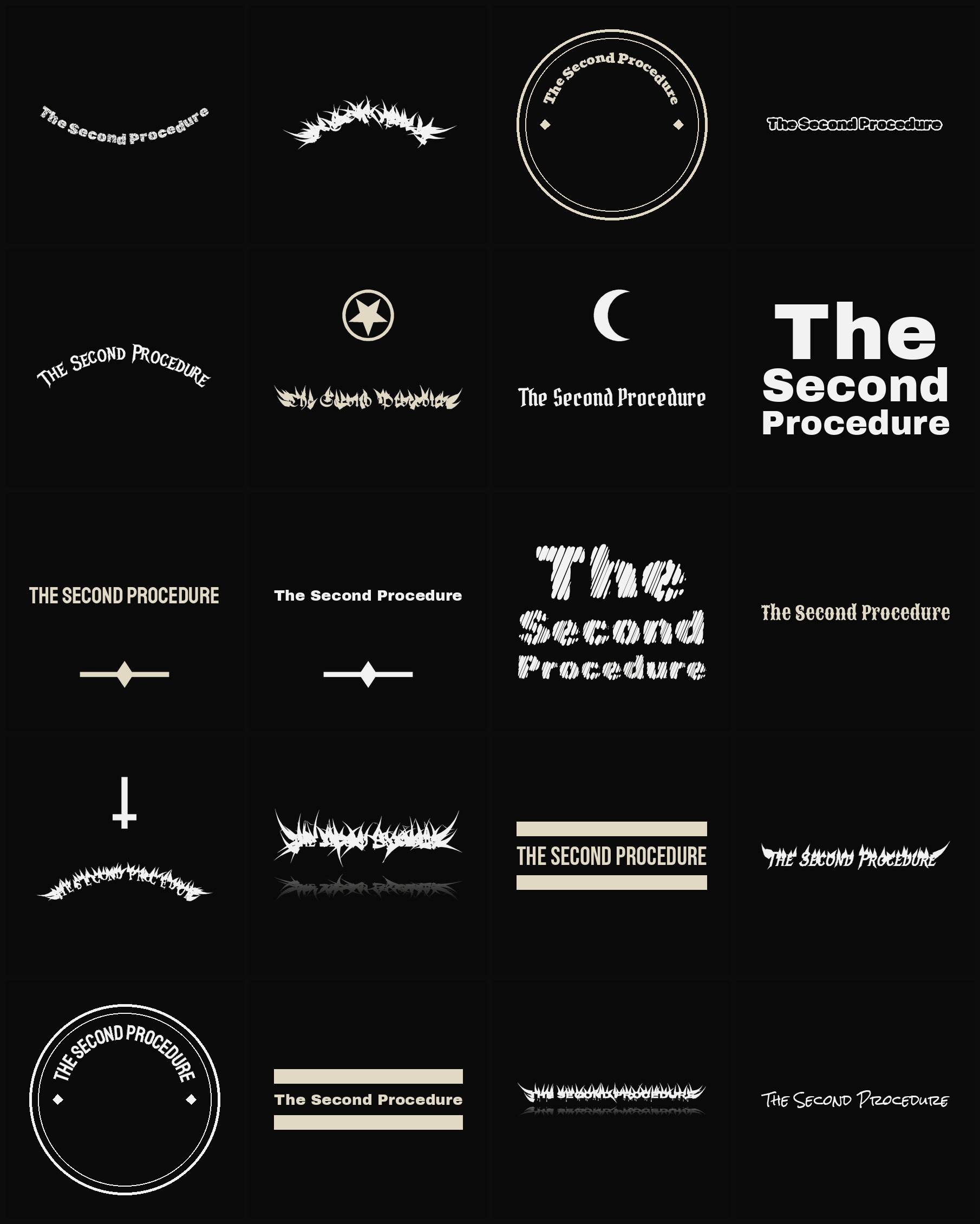 Twenty The Second Procedure band logo ideas — different faces, treatments and spike settings