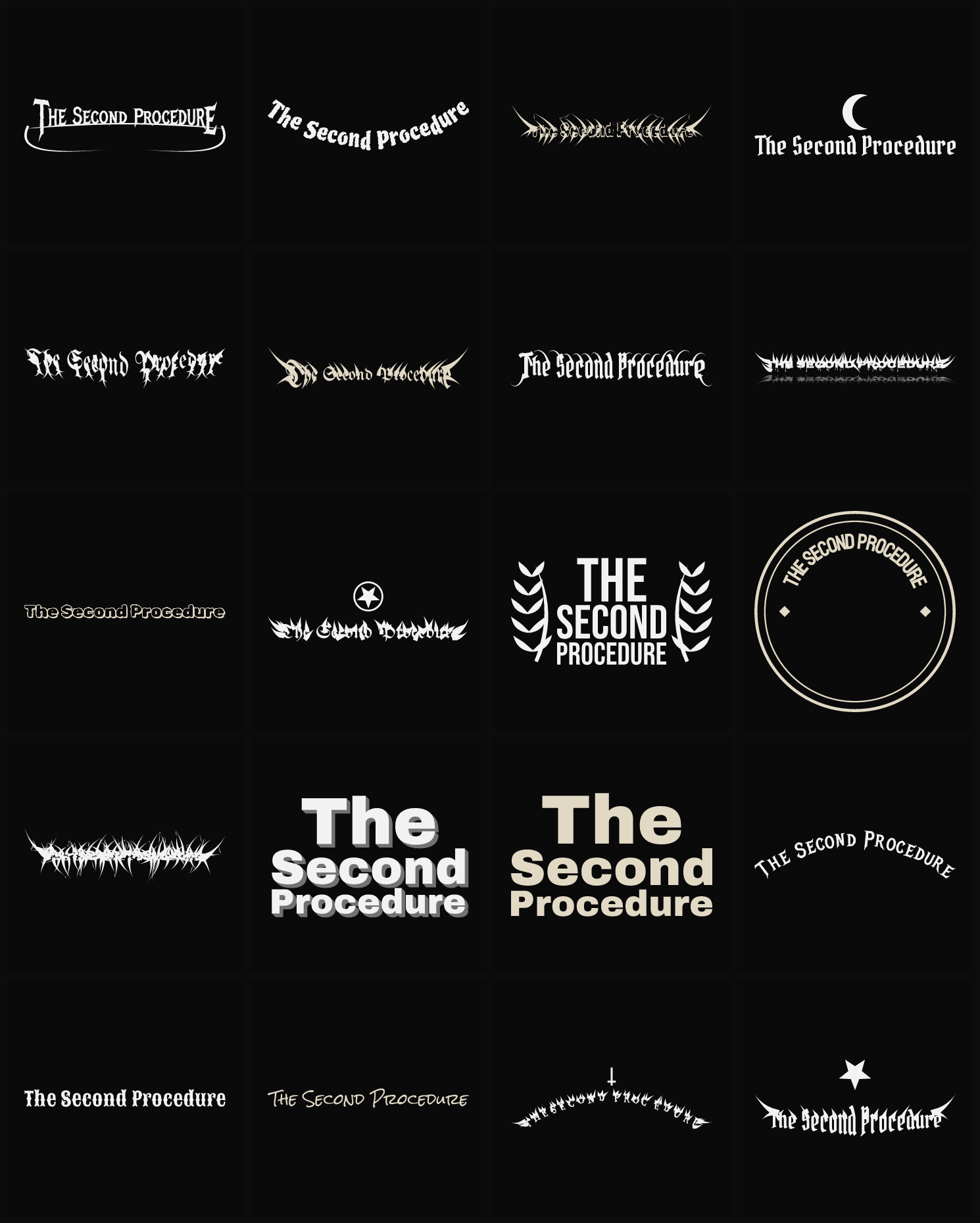 Twenty The Second Procedure band logo ideas — different faces, treatments and spike settings