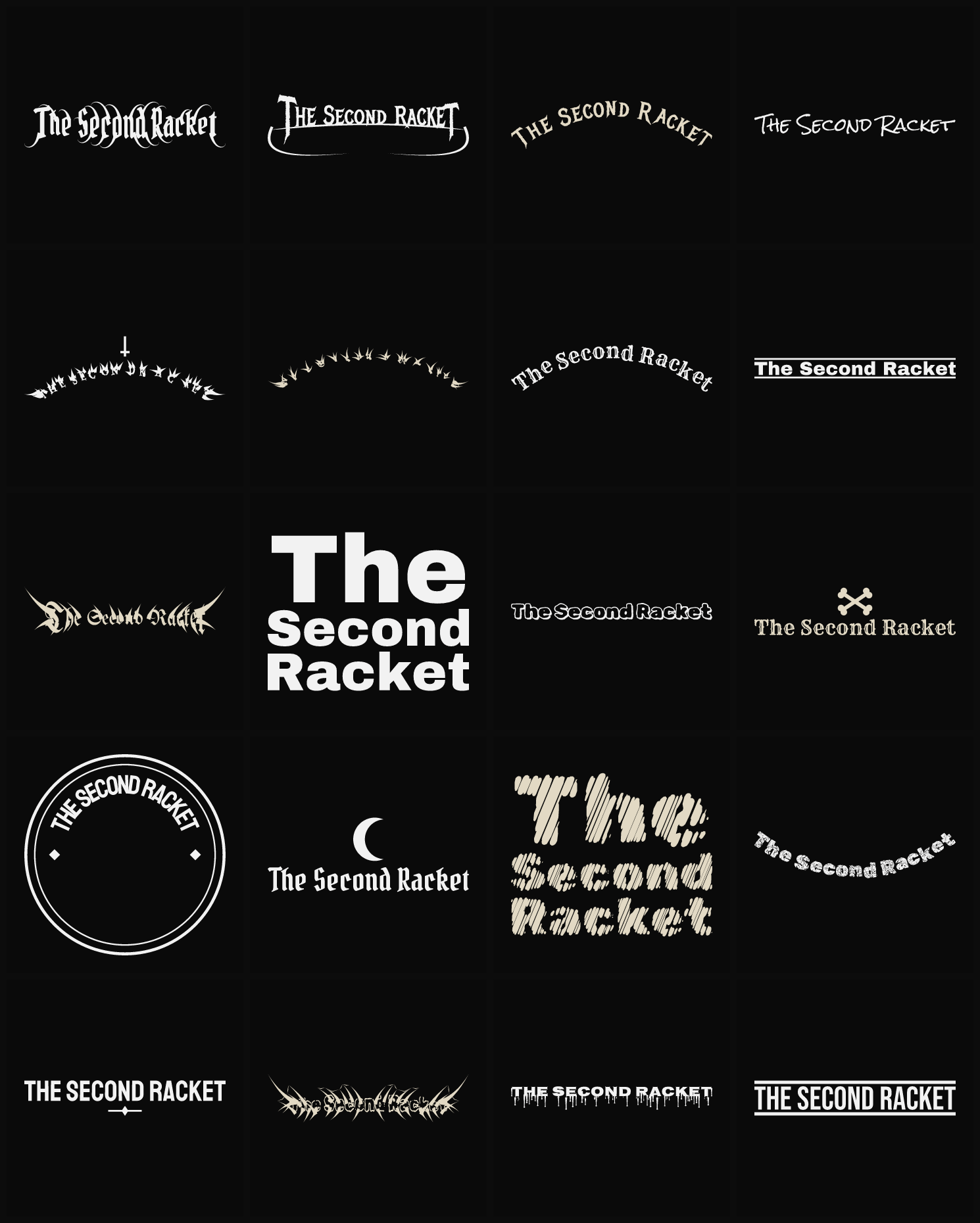 Twenty The Second Racket band logo ideas — different faces, treatments and spike settings