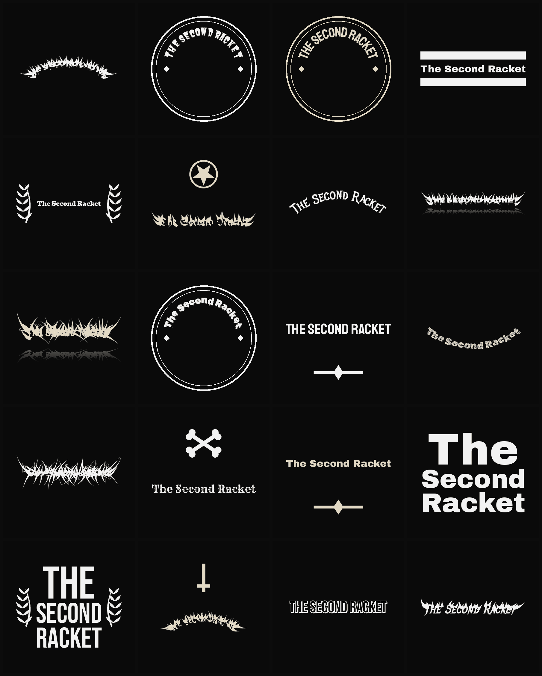 Twenty The Second Racket band logo ideas — different faces, treatments and spike settings