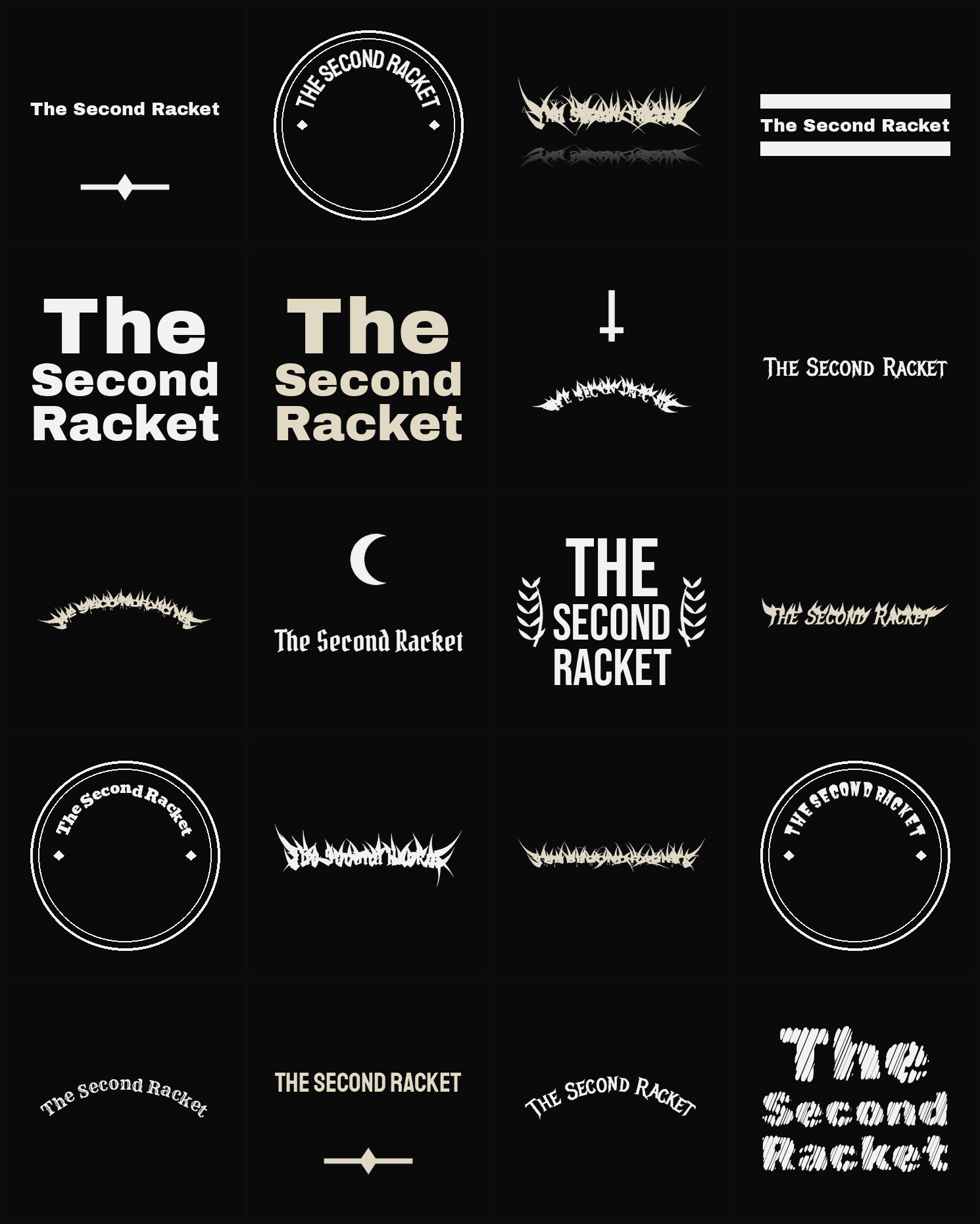 Twenty The Second Racket band logo ideas — different faces, treatments and spike settings