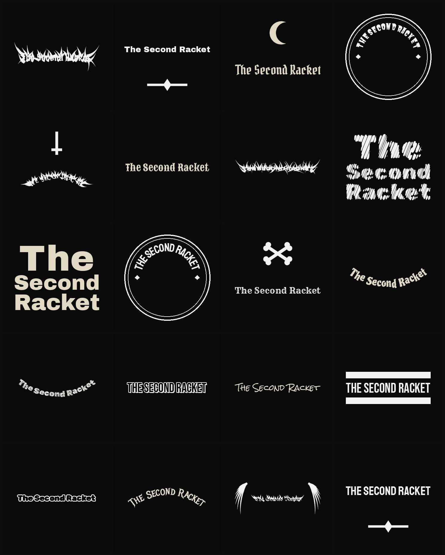 Twenty The Second Racket band logo ideas — different faces, treatments and spike settings