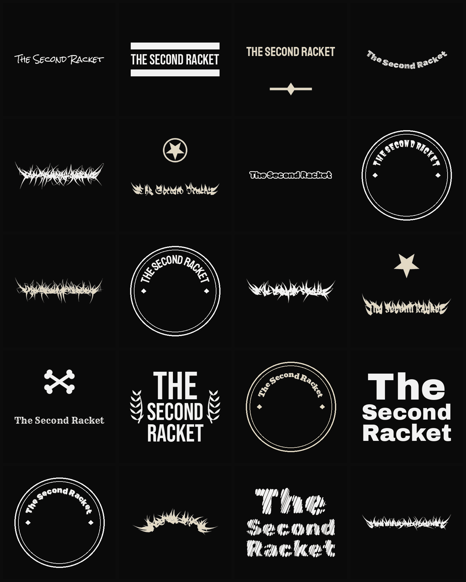 Twenty The Second Racket band logo ideas — different faces, treatments and spike settings