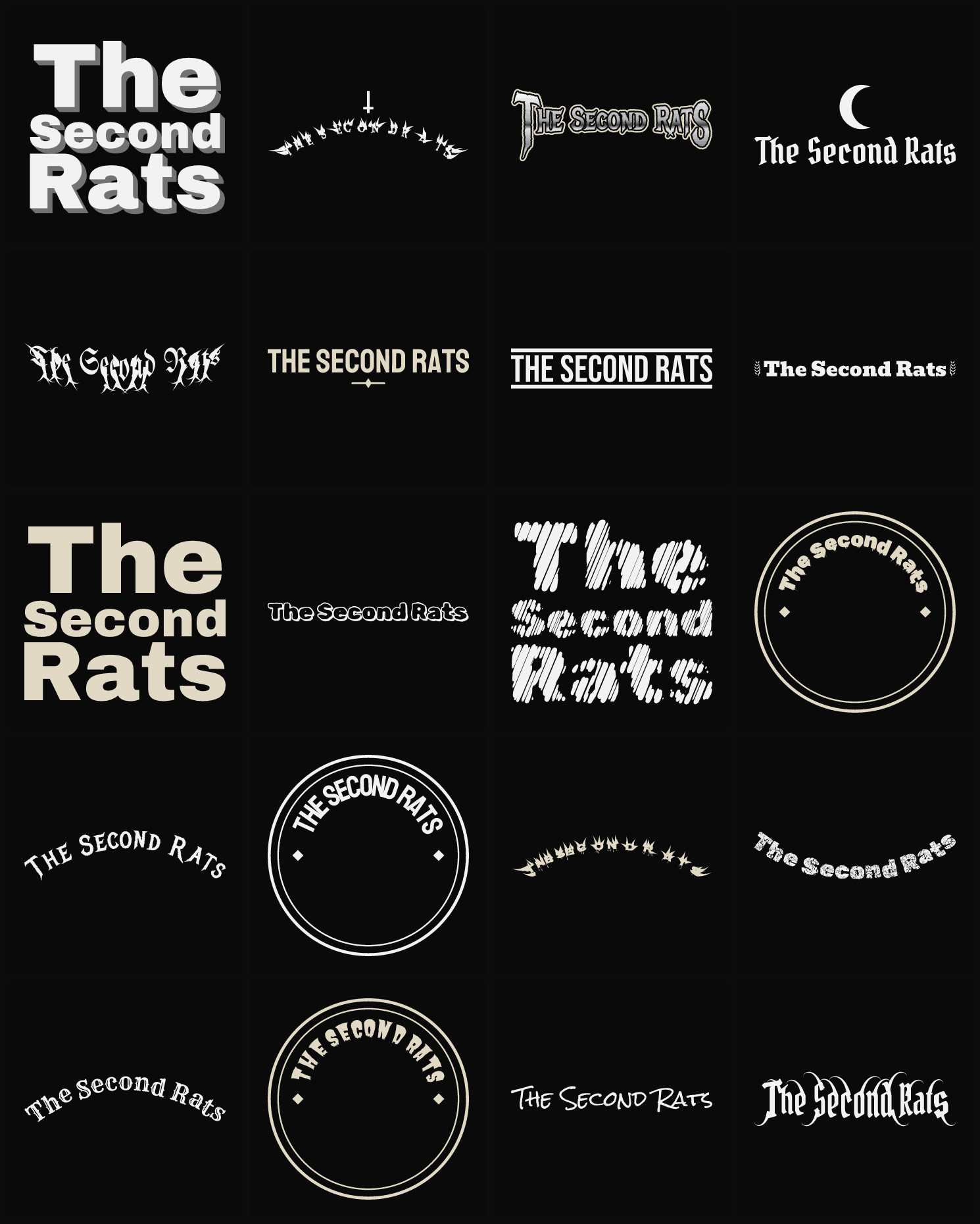 Twenty The Second Rats band logo ideas — different faces, treatments and spike settings
