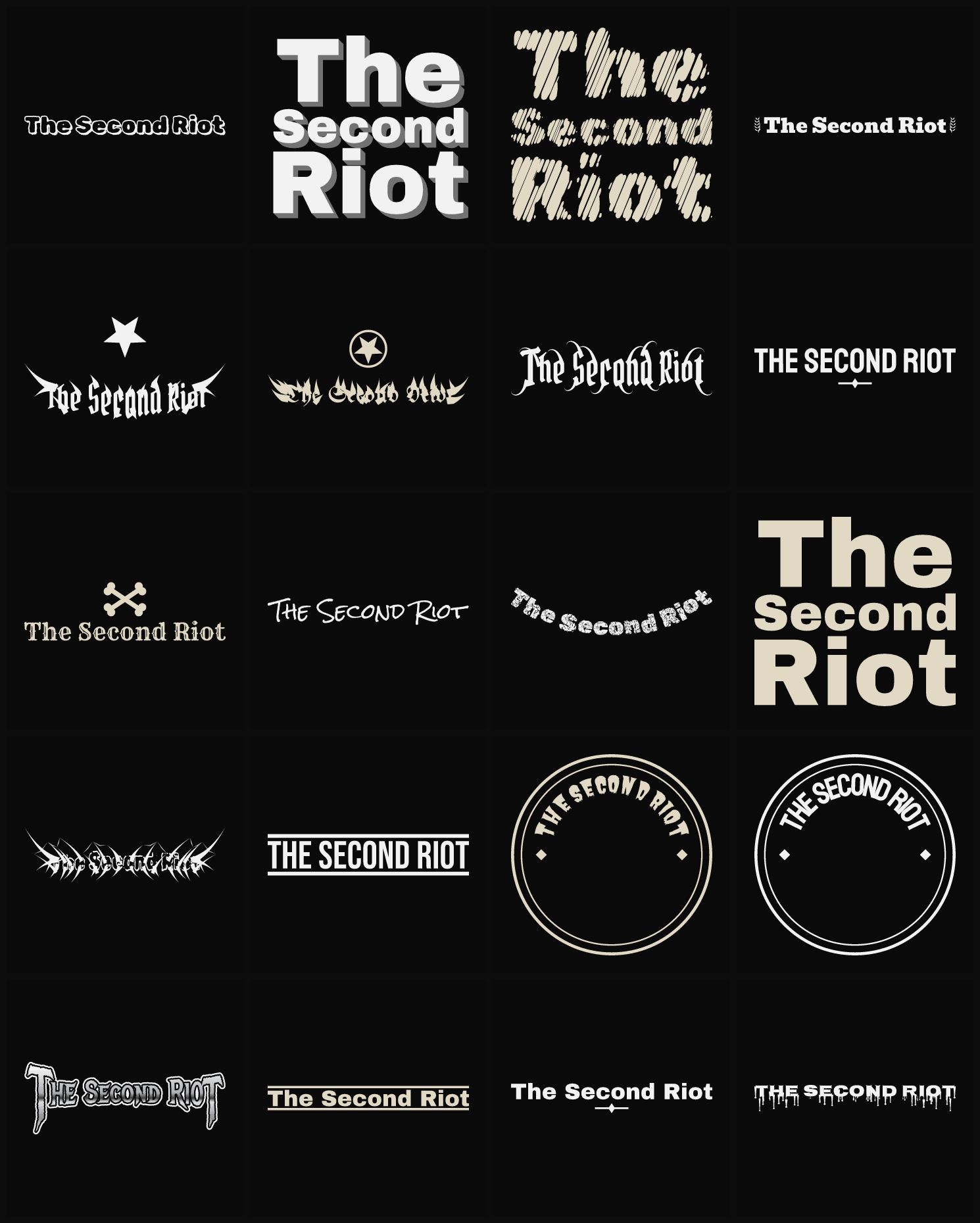 Twenty The Second Riot band logo ideas — different faces, treatments and spike settings