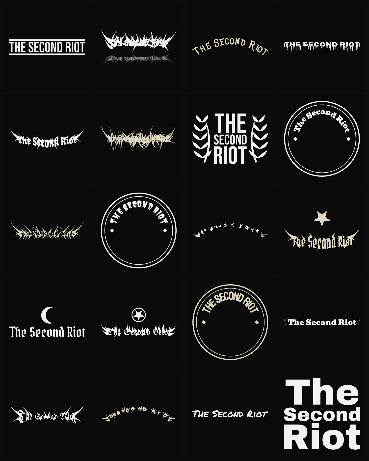 Twenty The Second Riot band logo ideas — different faces, treatments and spike settings