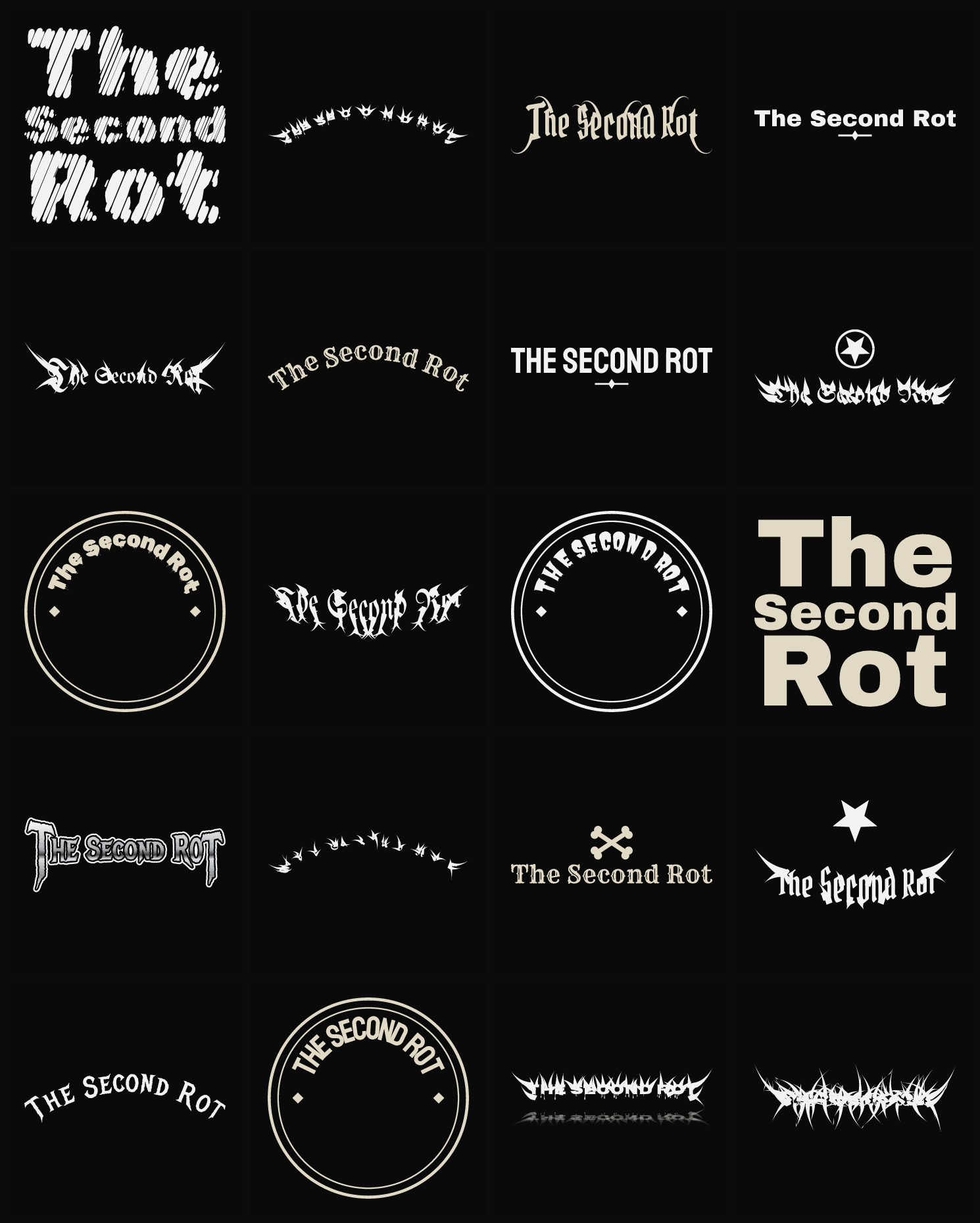 Twenty The Second Rot band logo ideas — different faces, treatments and spike settings