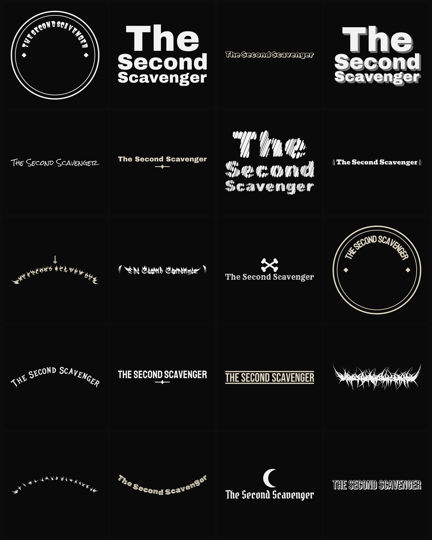 Twenty The Second Scavenger band logo ideas — different faces, treatments and spike settings
