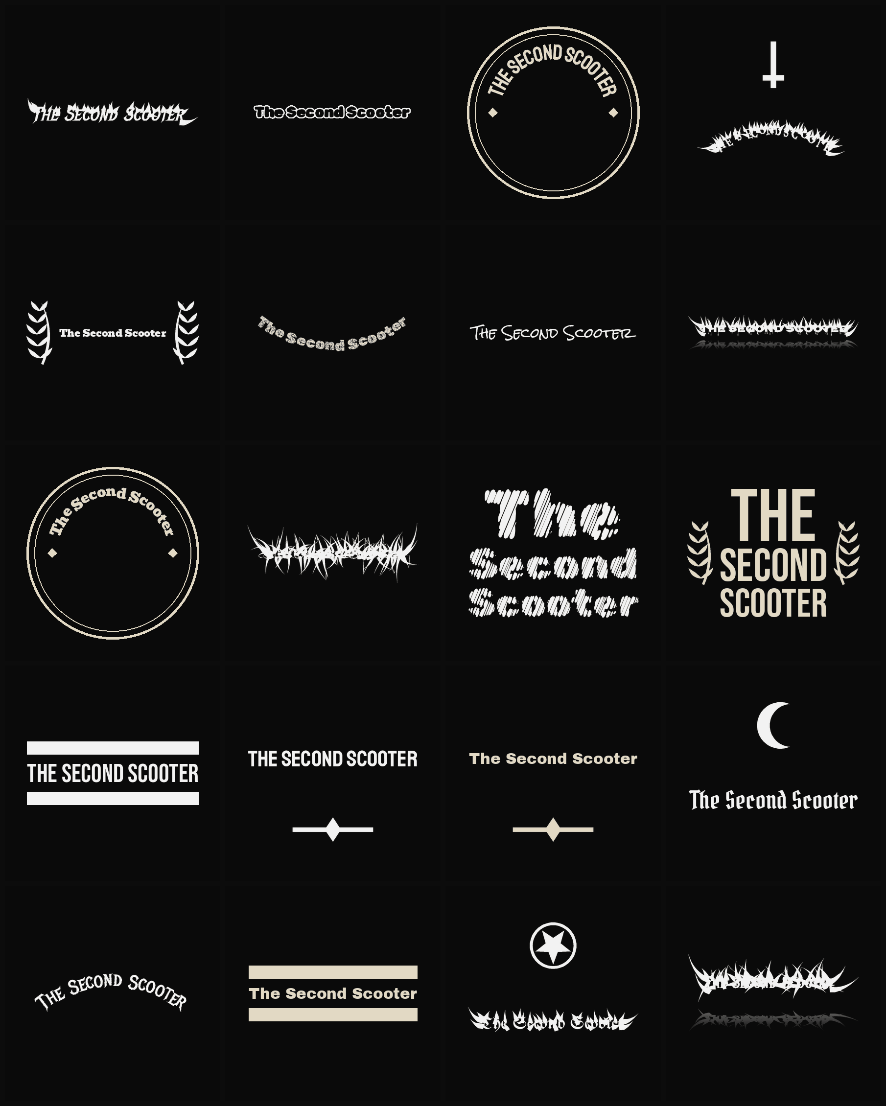 Twenty The Second Scooter band logo ideas — different faces, treatments and spike settings