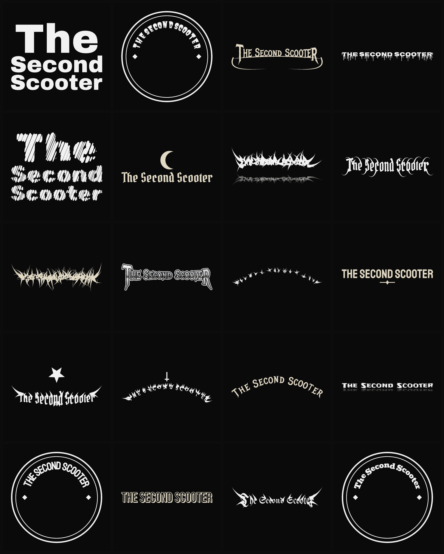 Twenty The Second Scooter band logo ideas — different faces, treatments and spike settings