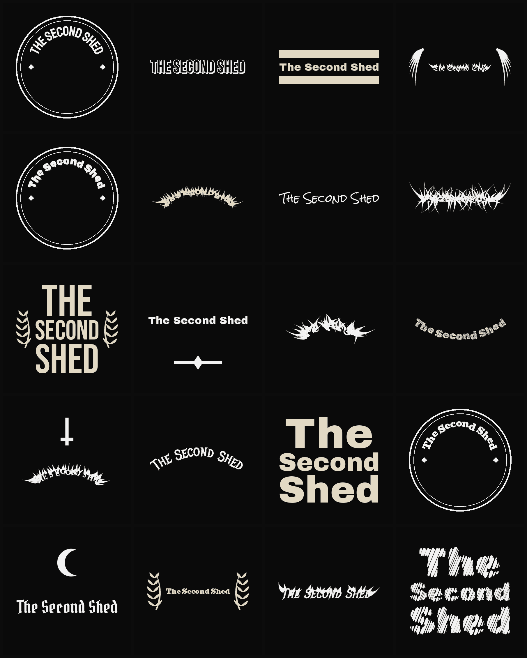 Twenty The Second Shed band logo ideas — different faces, treatments and spike settings