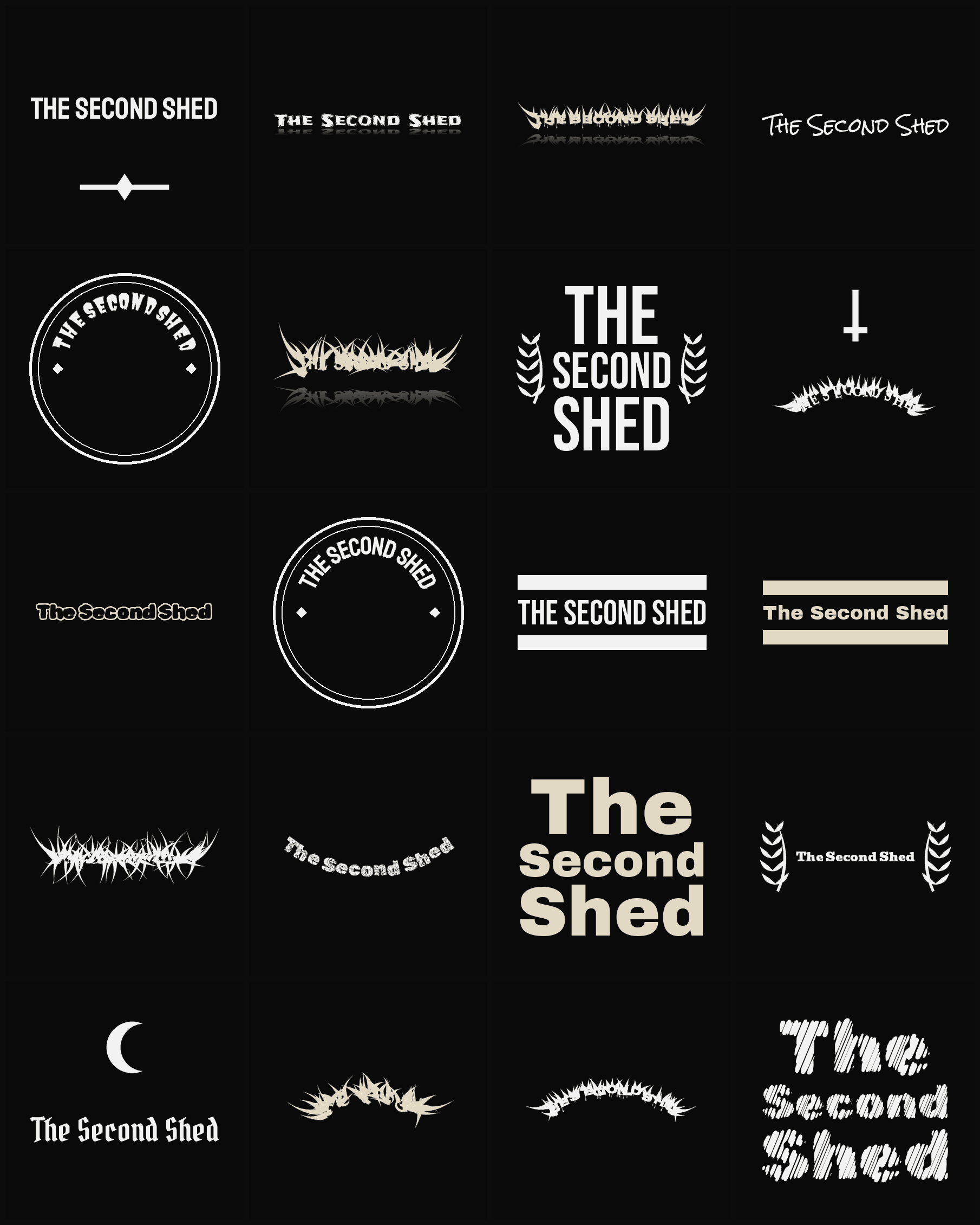 Twenty The Second Shed band logo ideas — different faces, treatments and spike settings