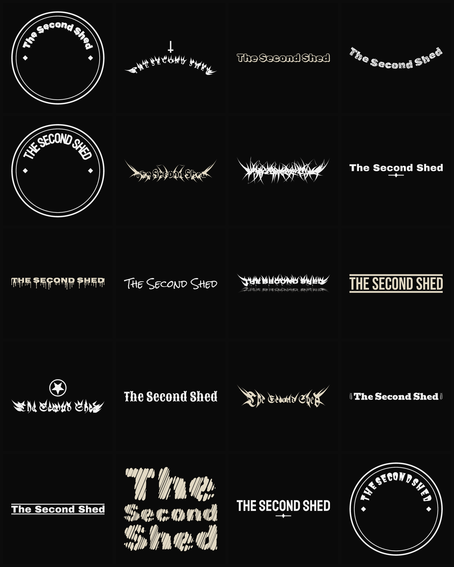 Twenty The Second Shed band logo ideas — different faces, treatments and spike settings