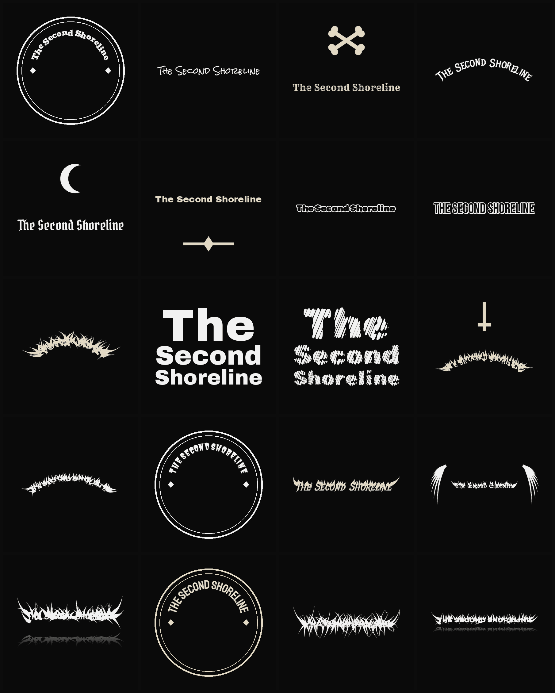 Twenty The Second Shoreline band logo ideas — different faces, treatments and spike settings