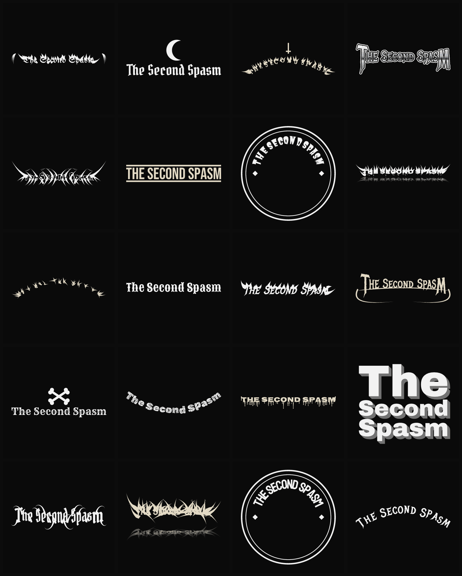 Twenty The Second Spasm band logo ideas — different faces, treatments and spike settings