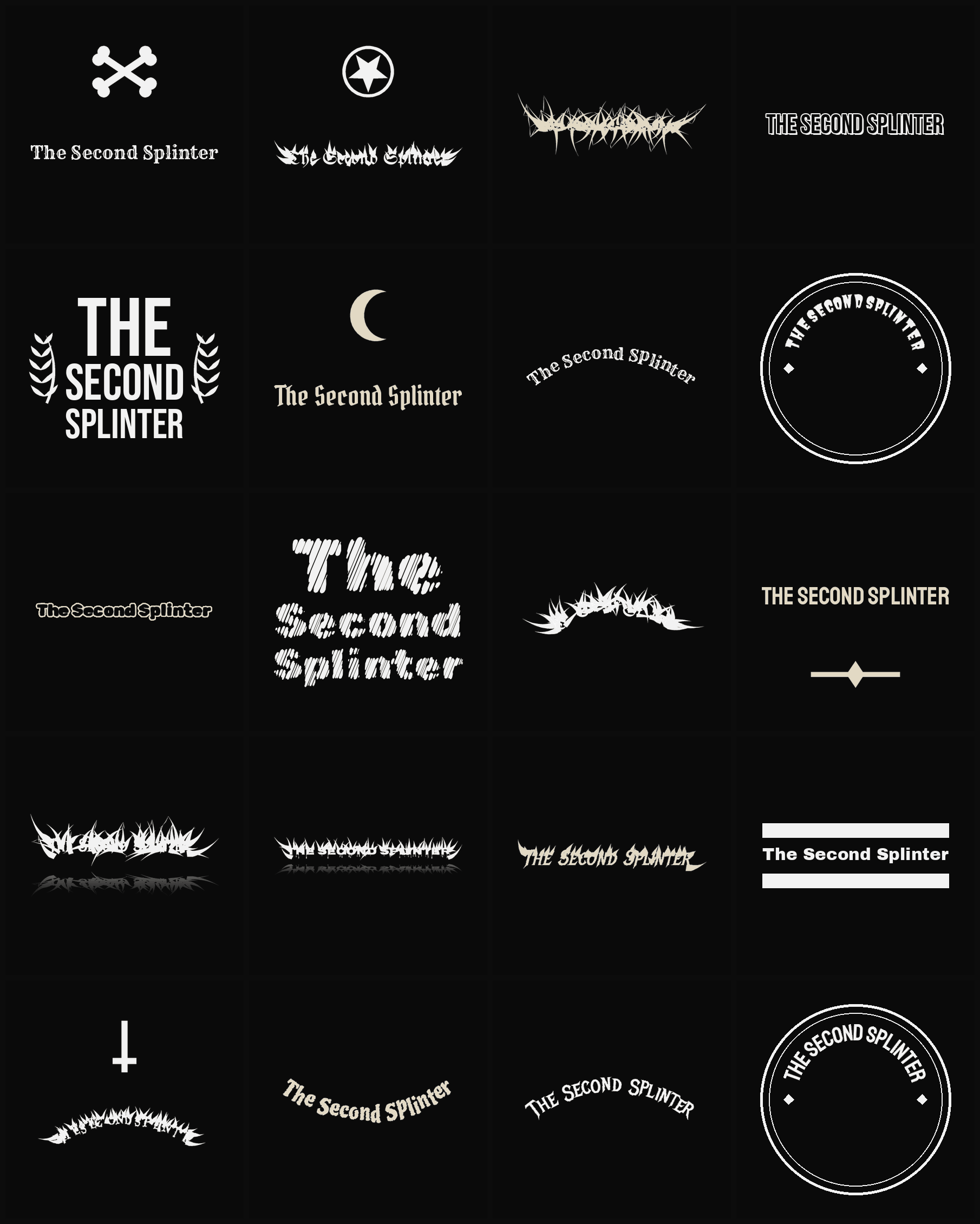 Twenty The Second Splinter band logo ideas — different faces, treatments and spike settings
